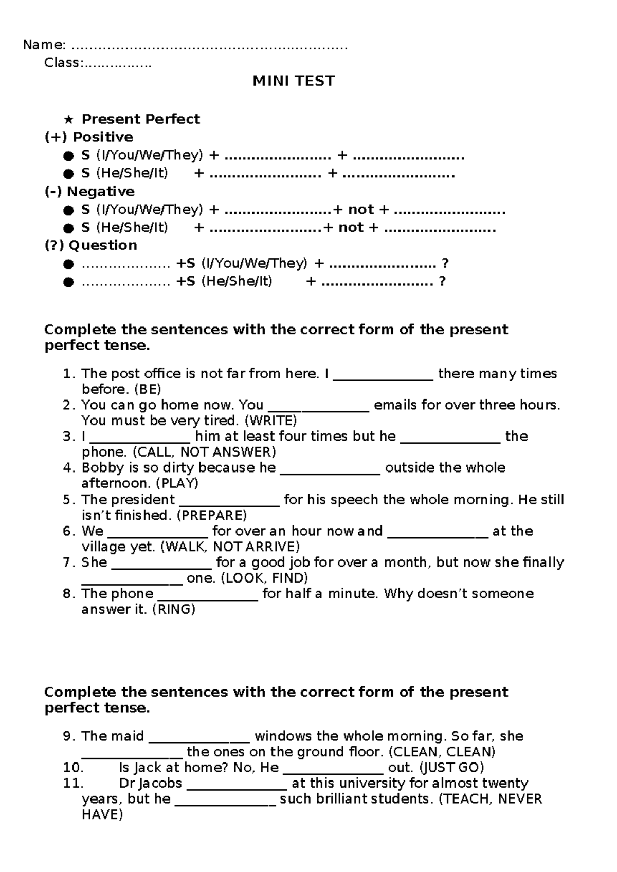 Stage 6 - Mini Test - Present Perfect Tense Exercises - Studocu