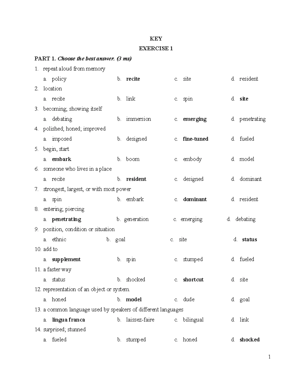 KEY EXERCISE 1 PART 1 & 2: Answer Key and Fill-in-the-Gaps - Studocu