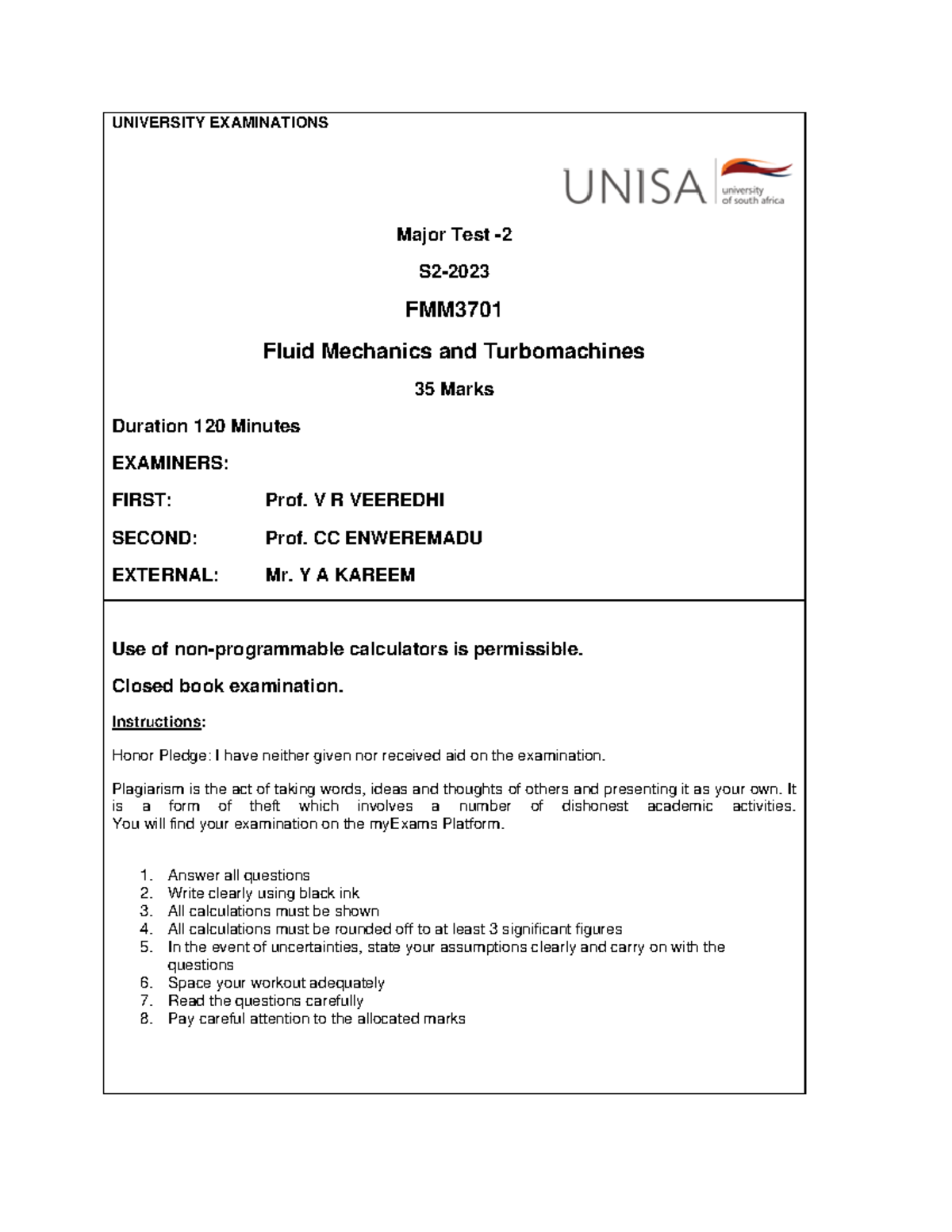 FMM3701 S2-2023 Major Test: Fluid Mechanics & Turbomachines Exam - Studocu
