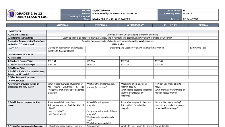 Daily Lesson Log (DLL) Science 3 Q3 W3 - Motion of Objects - Studocu