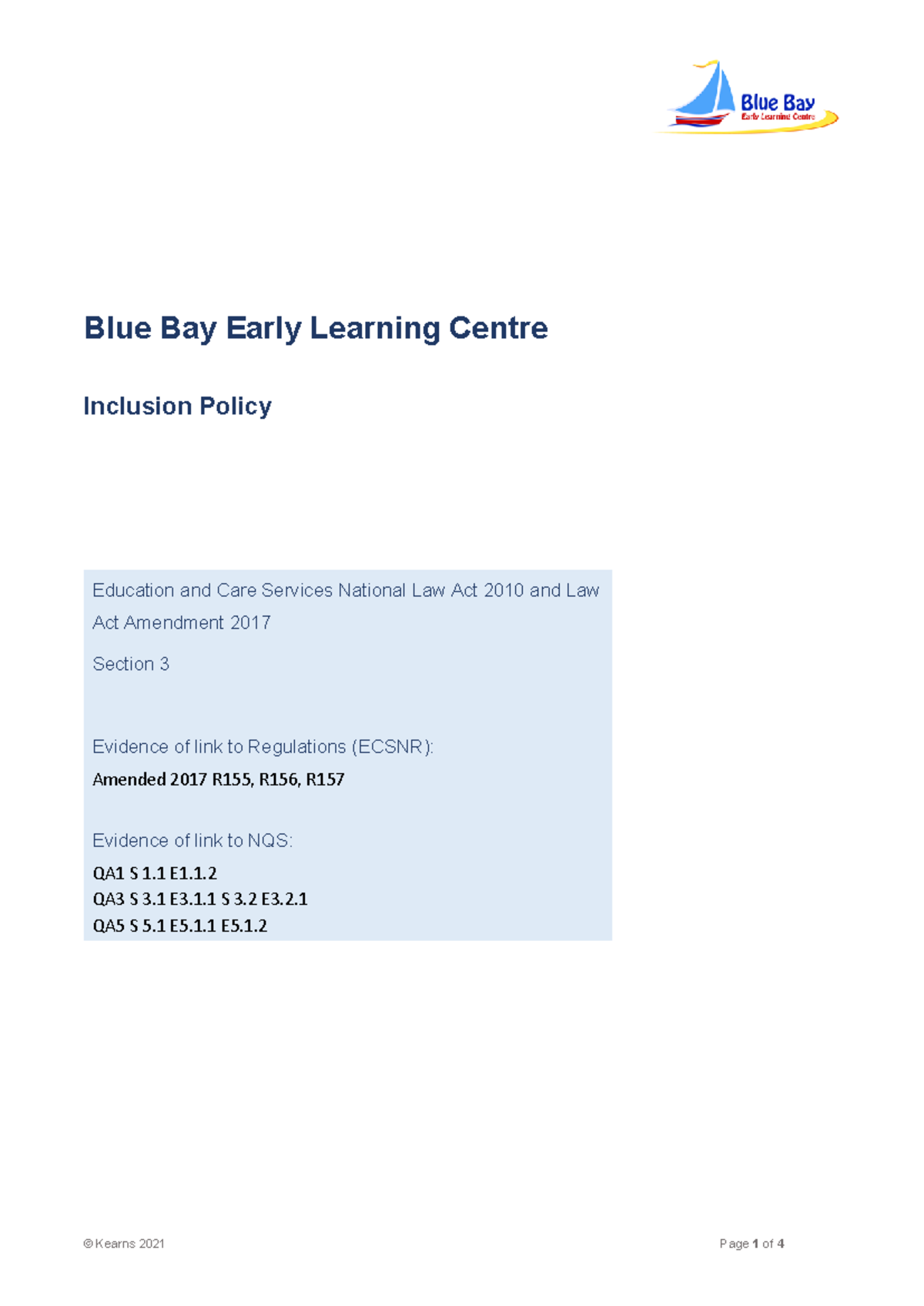 Inclusion Policy V1 for Blue Bay Early Learning Centre - Studocu