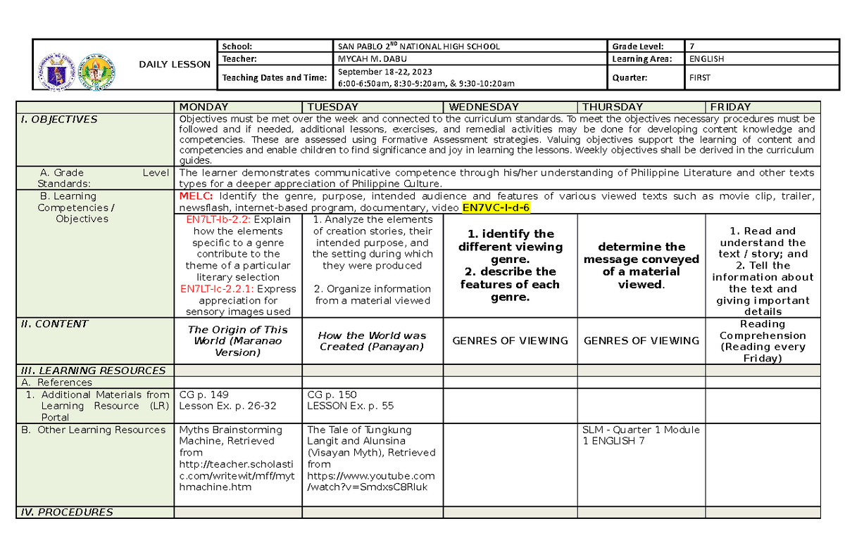 English DLL 7 Q1 M2 - Daily Lesson Log Overview and Plans - Studocu