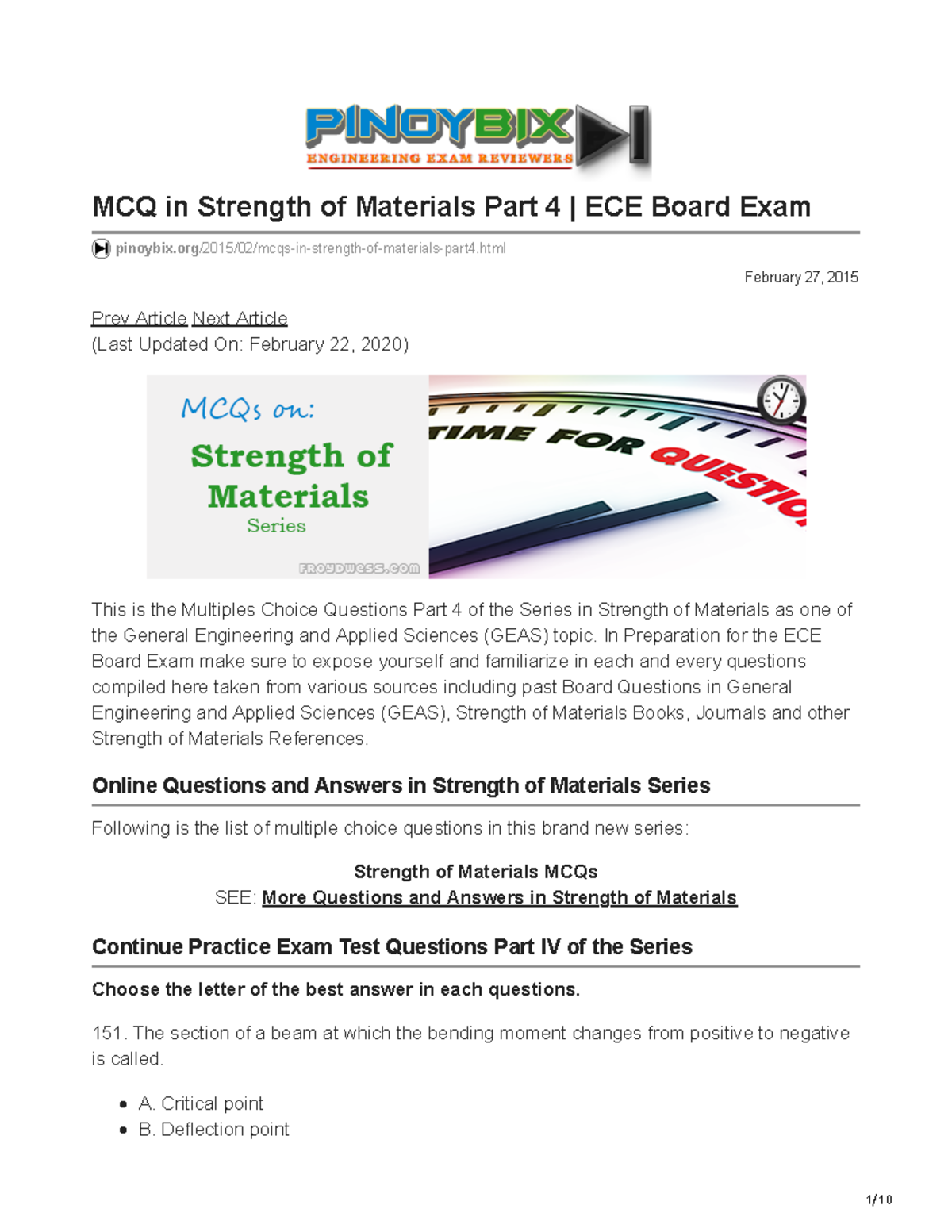 MCQ Series in Strength of Materials Part 4 | ECE Board Exam - Studocu