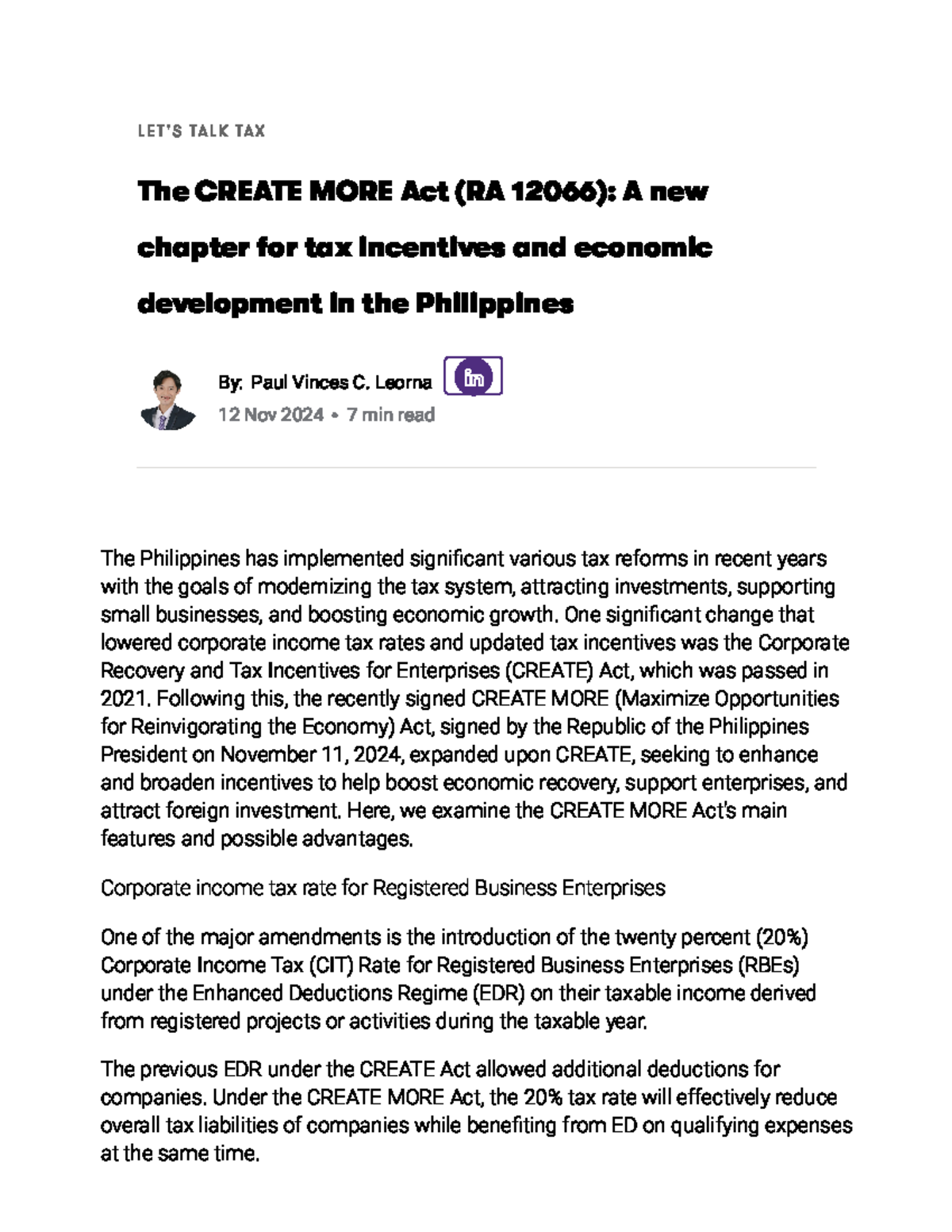 The Create MORE Act (RA 12066) A new chapter for tax incentives and ...