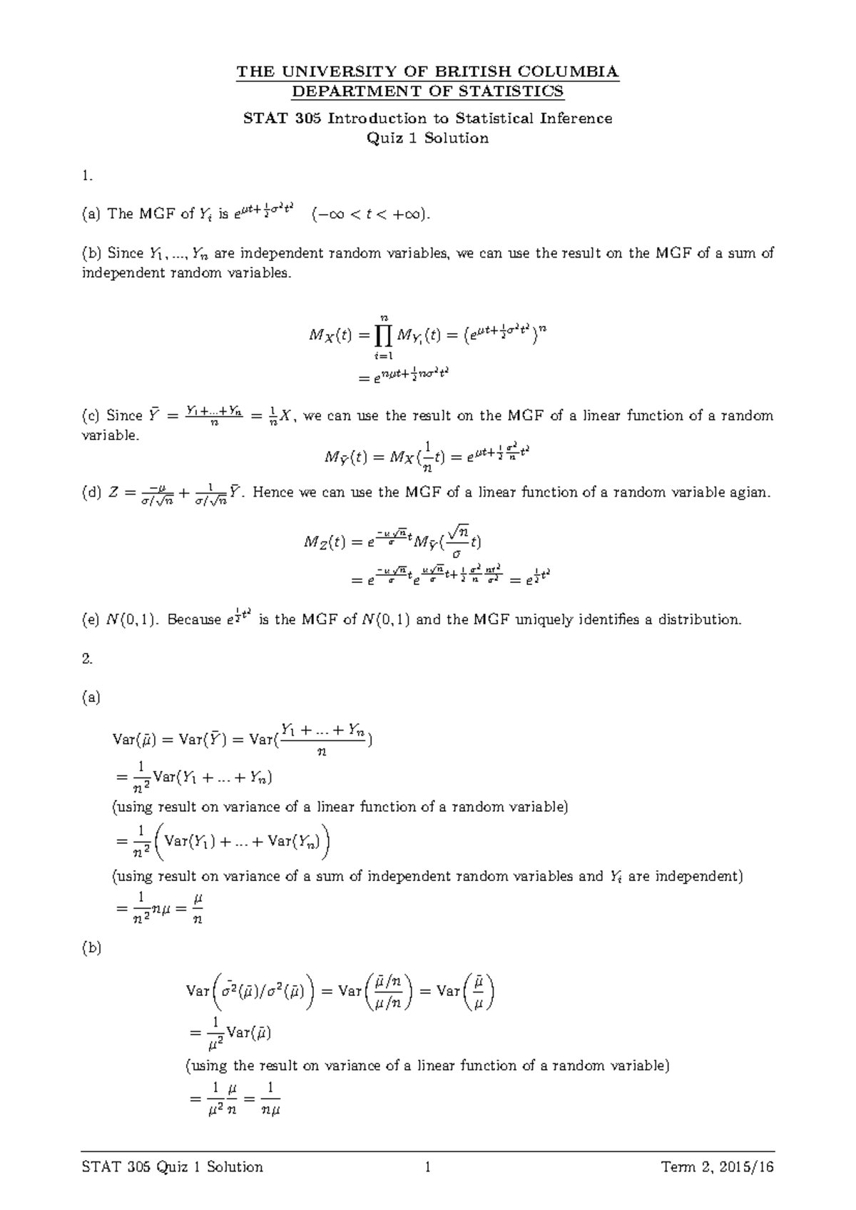 STAT 305 Quiz 1 Solutions - Introduction to Statistical Inference - Studocu