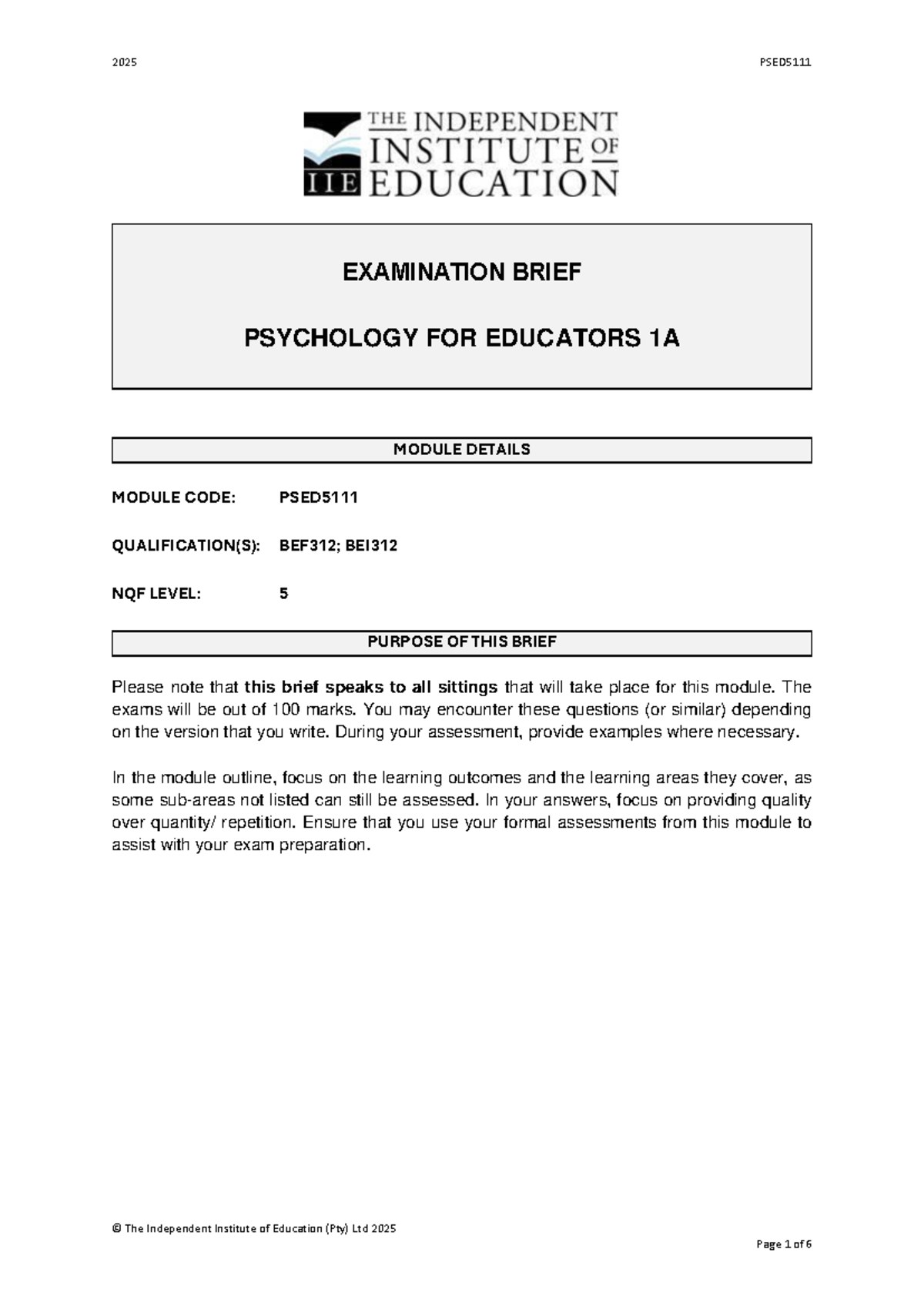 2025 PSED5111 Exam Brief: Psychology for Educators 1A Overview - Studocu