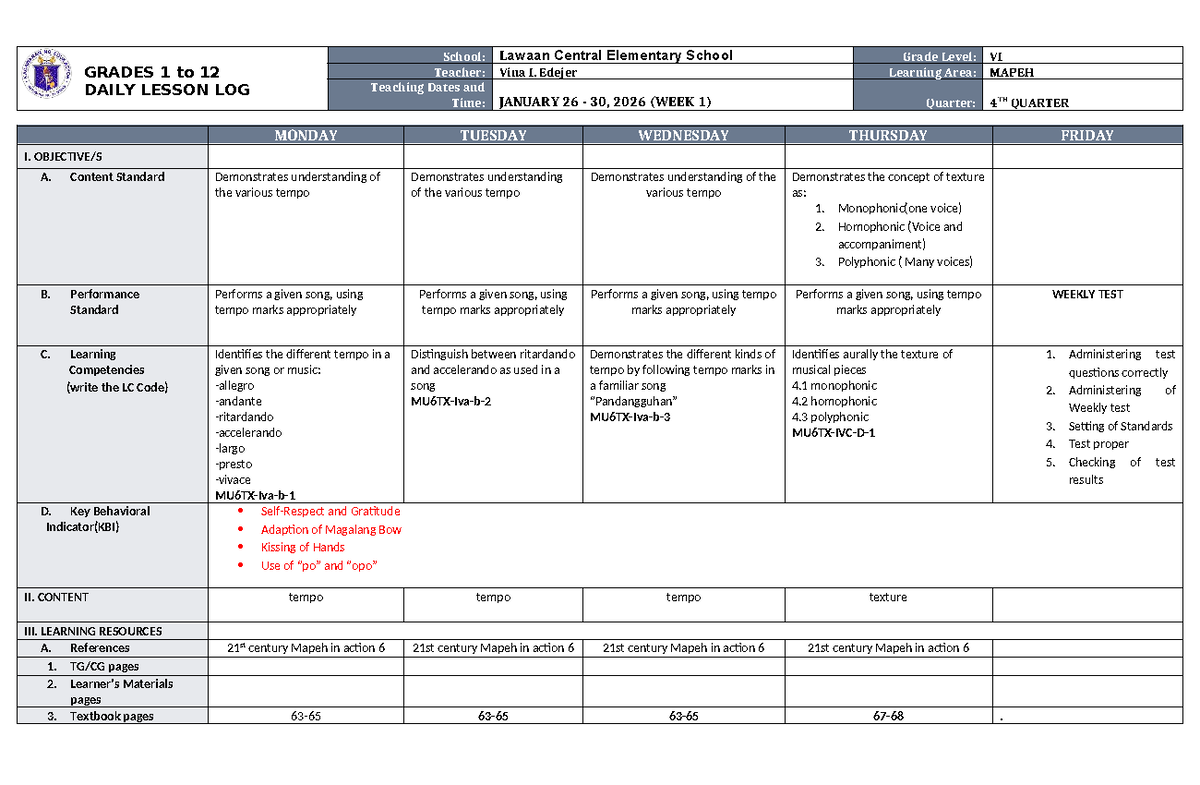 DTC DLL MAPEH 6 Q4 W1: Daily Lesson Log for Grades 1-12 - Studocu