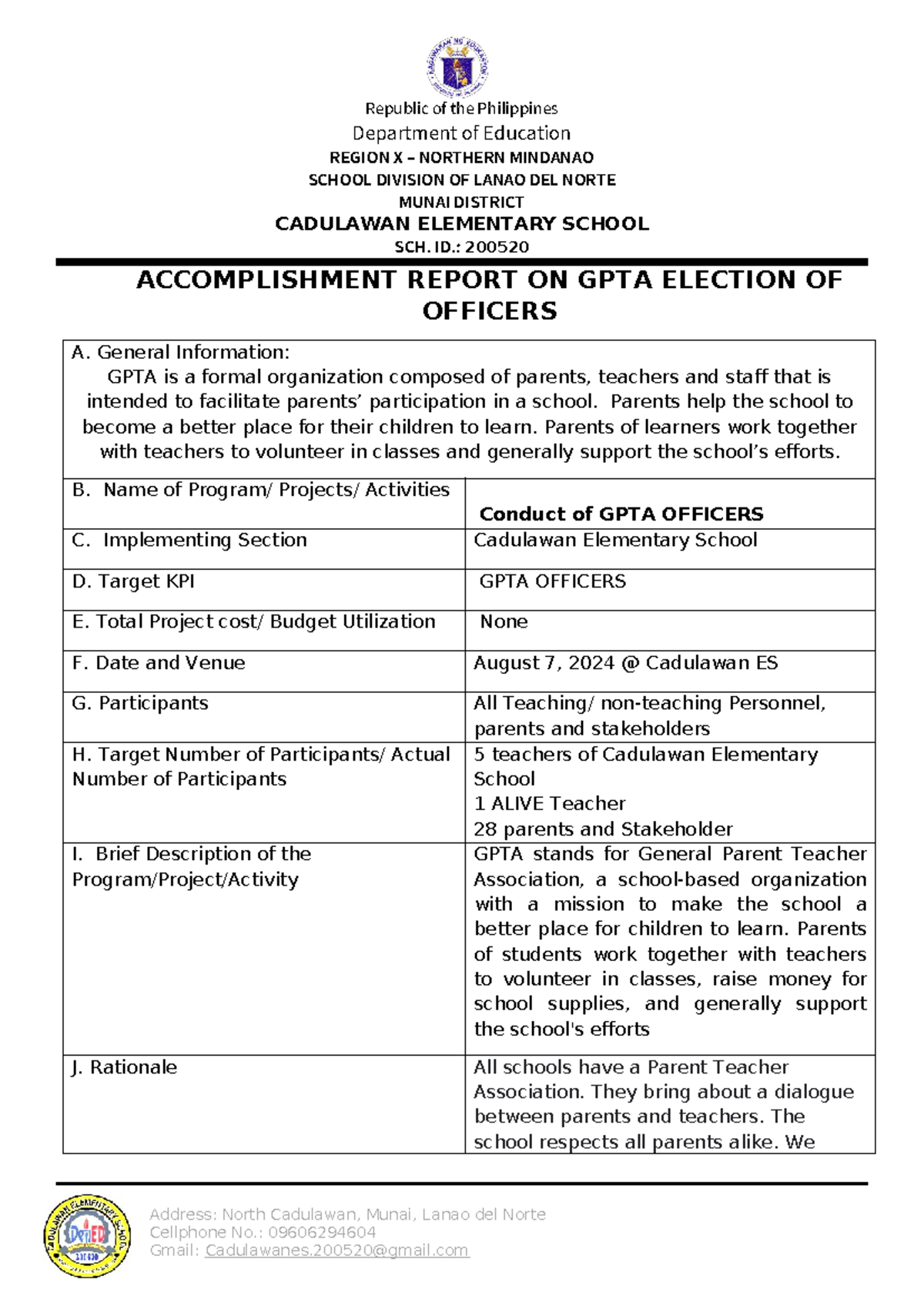 2024 GPTA Officers Election Accomplishment Report - Cadulawan ES - Studocu