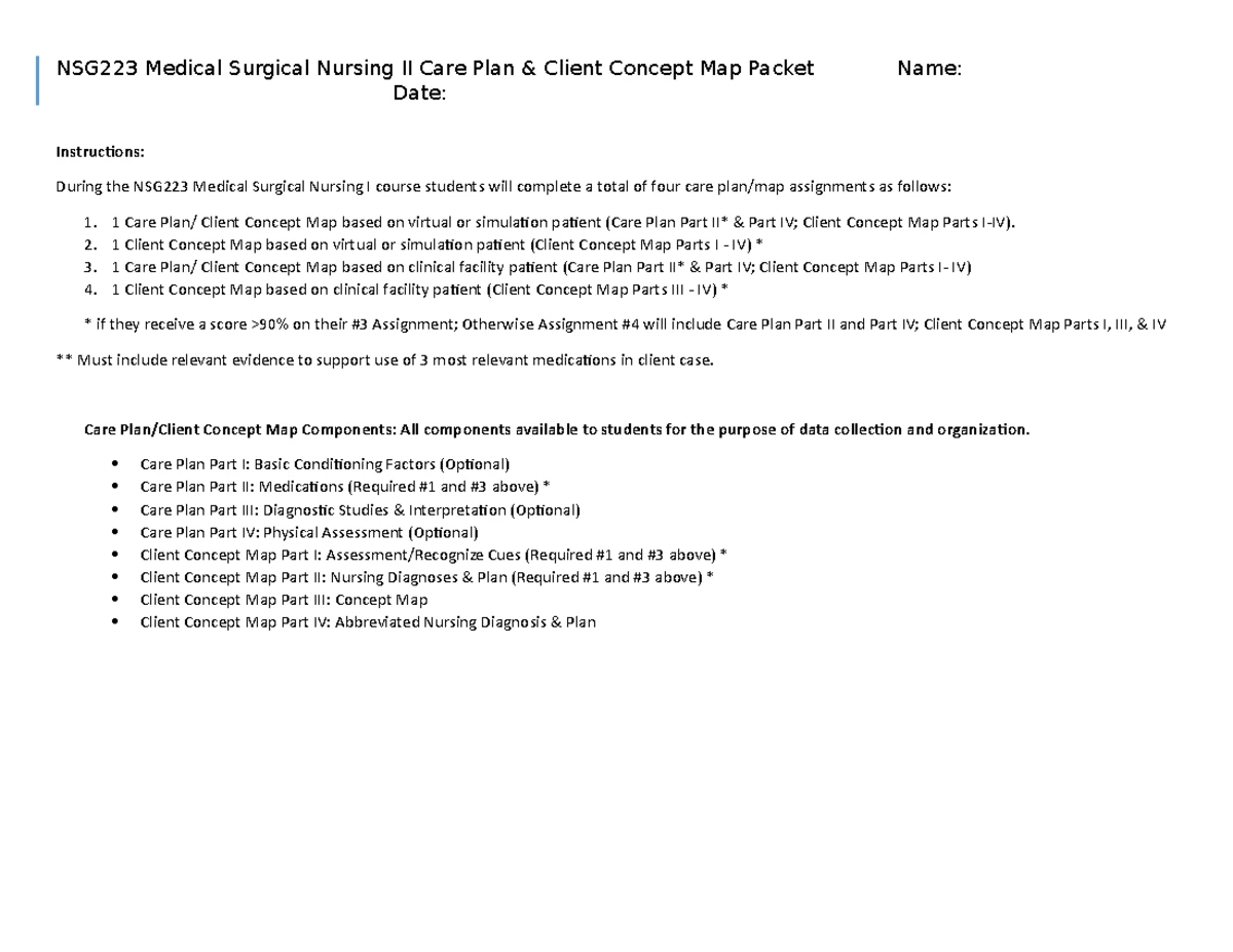 NSG 223 Comprehensive Care Plan & Concept Map for Clinical Practice ...