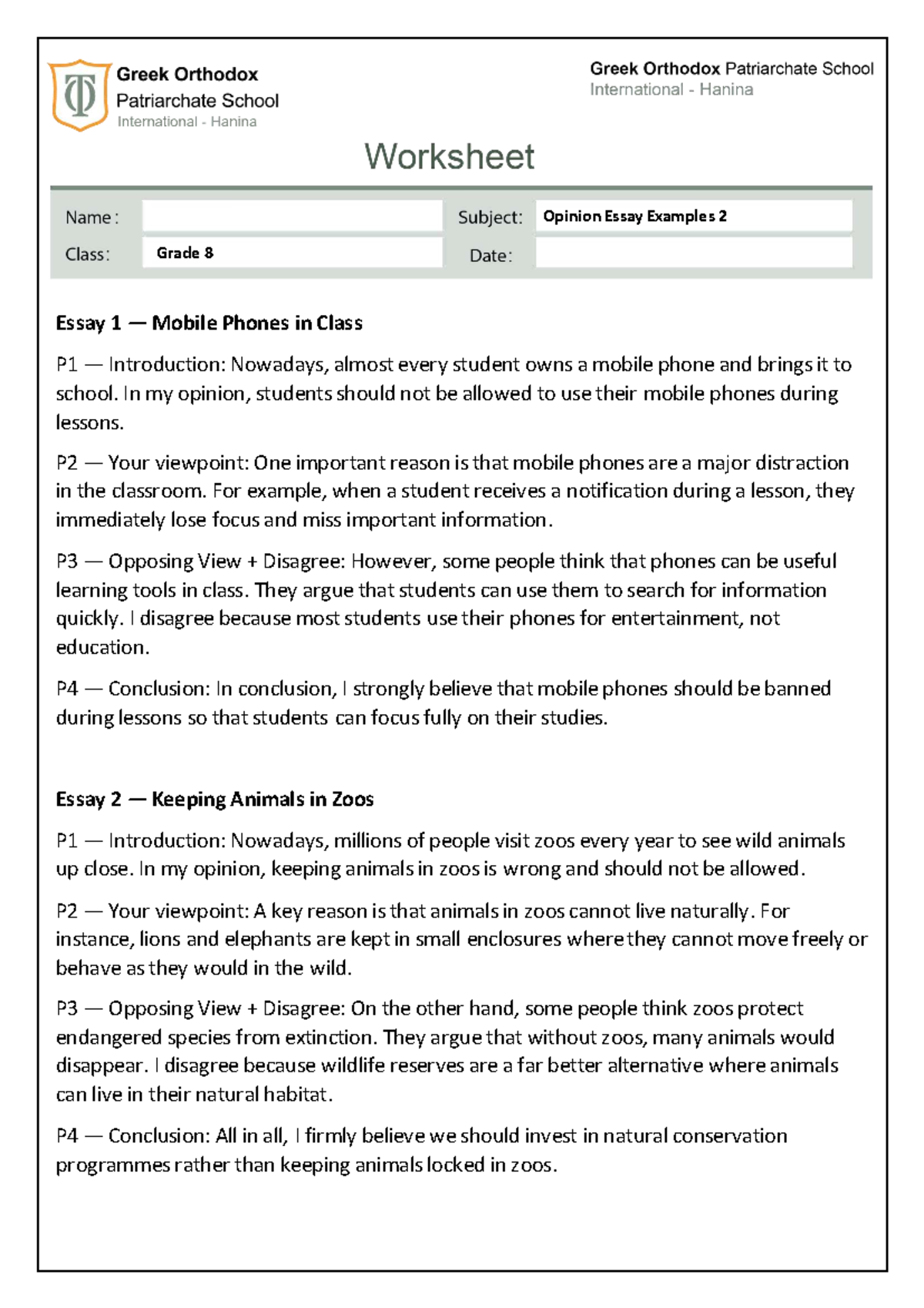 Grade 8 Opinion Essay Examples: Mobile Phones, Zoos, & More - Studocu