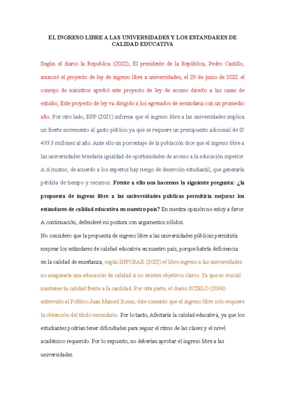 EL Ingreso Libre A LAS Universidades Y LOS Estandares DE Calidad ...