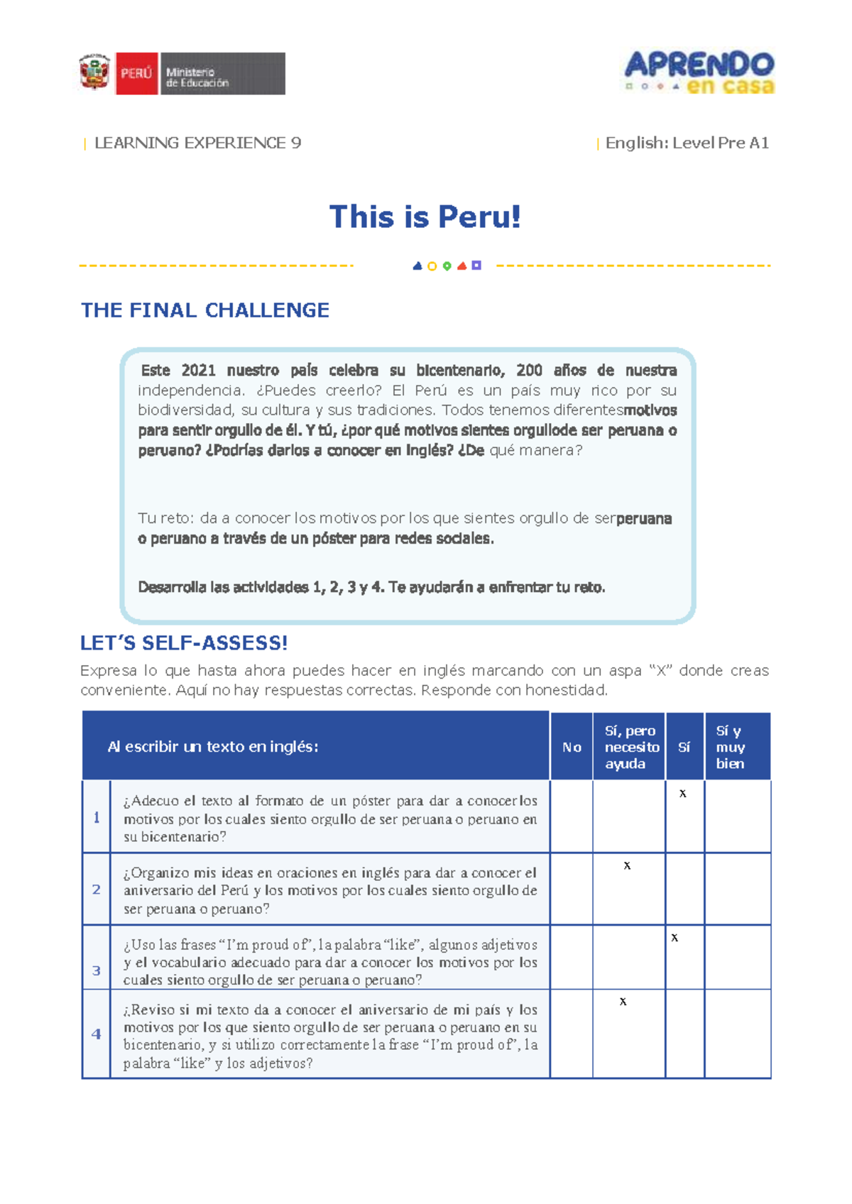 Pre A1 - Learning Experience 9: This is Peru! Self-Assessment Activity ...