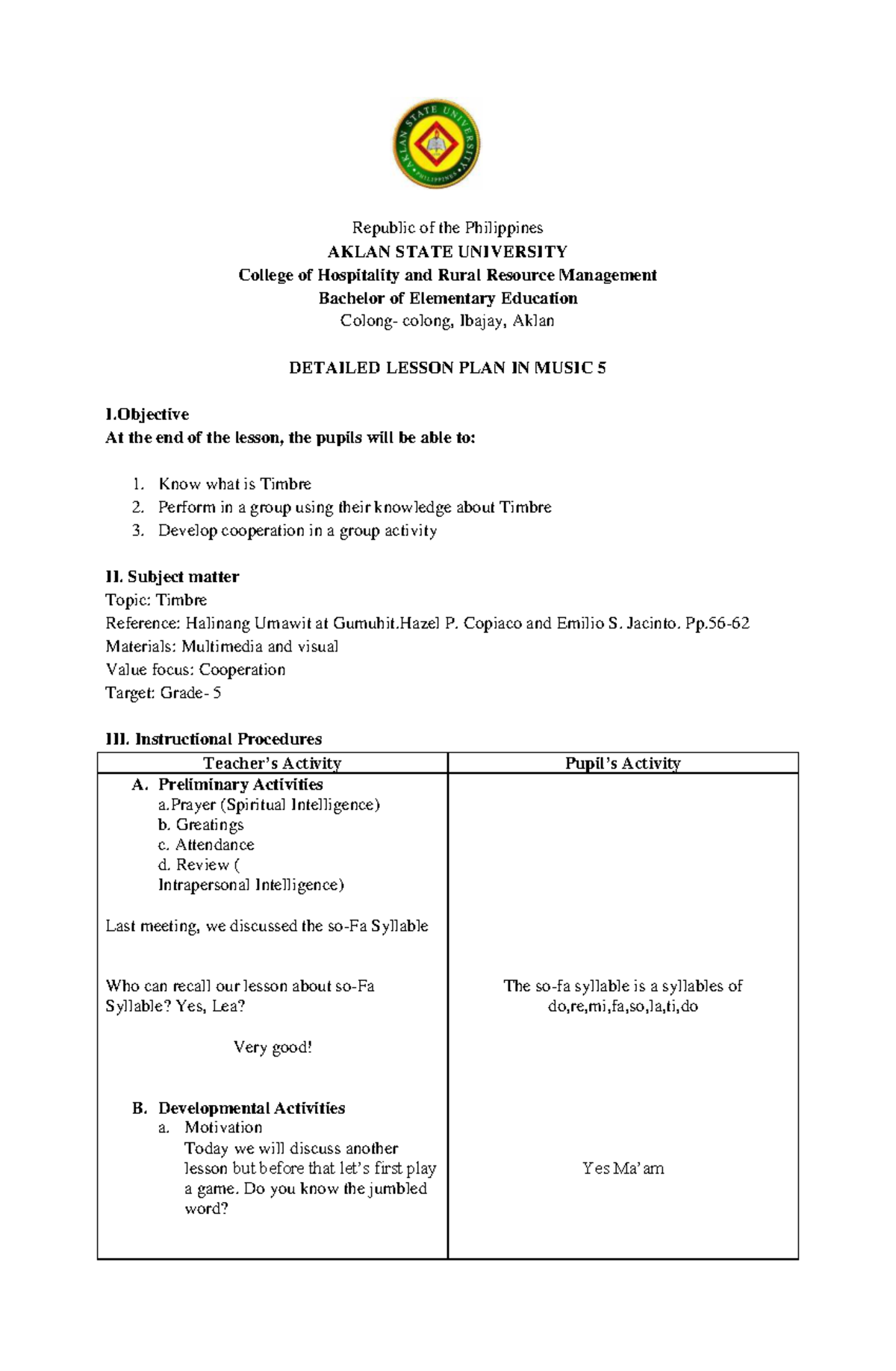 Detailed Lesson Plan in Music 5 (425215691) - Understanding Timbre ...