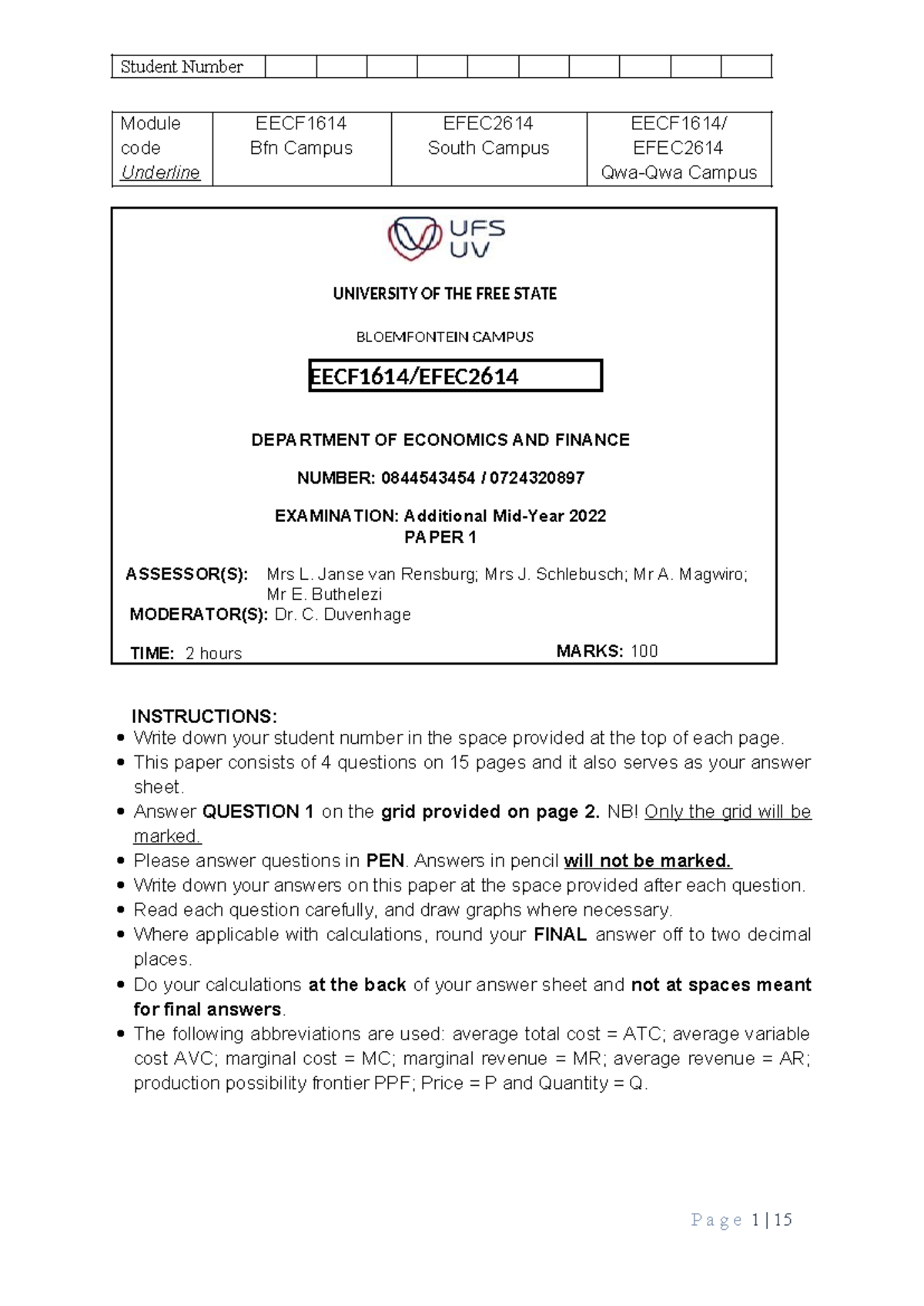Examination 2 MEMO - Practice for EECF1614 and EFEC2614 - Studocu