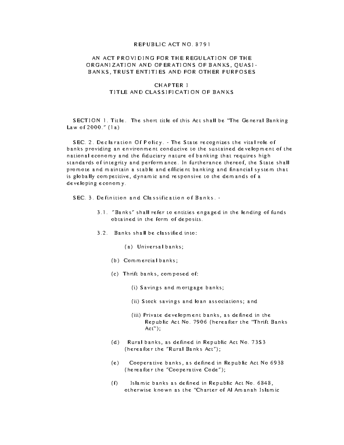 Republic Act No. 8791: General Banking Law Overview - Studocu