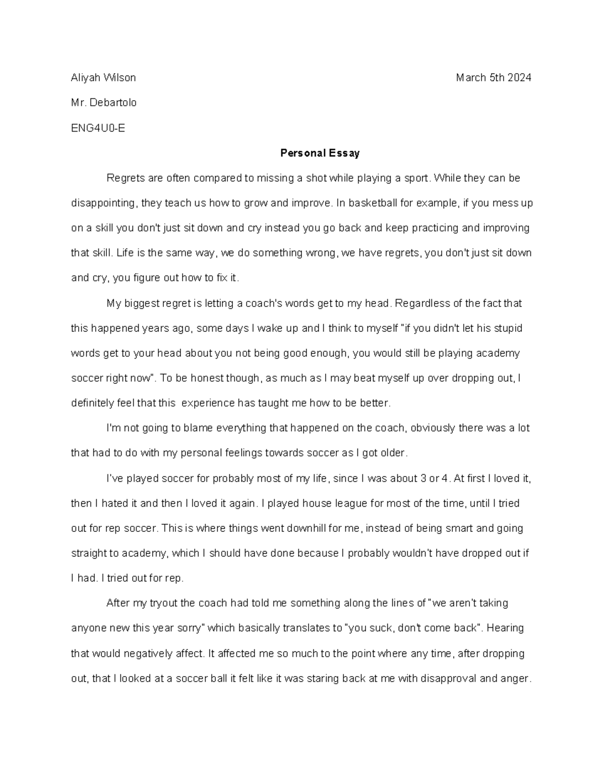 ENG4U0-E Personal Essay: Reflections on Regrets and Growth - Studocu