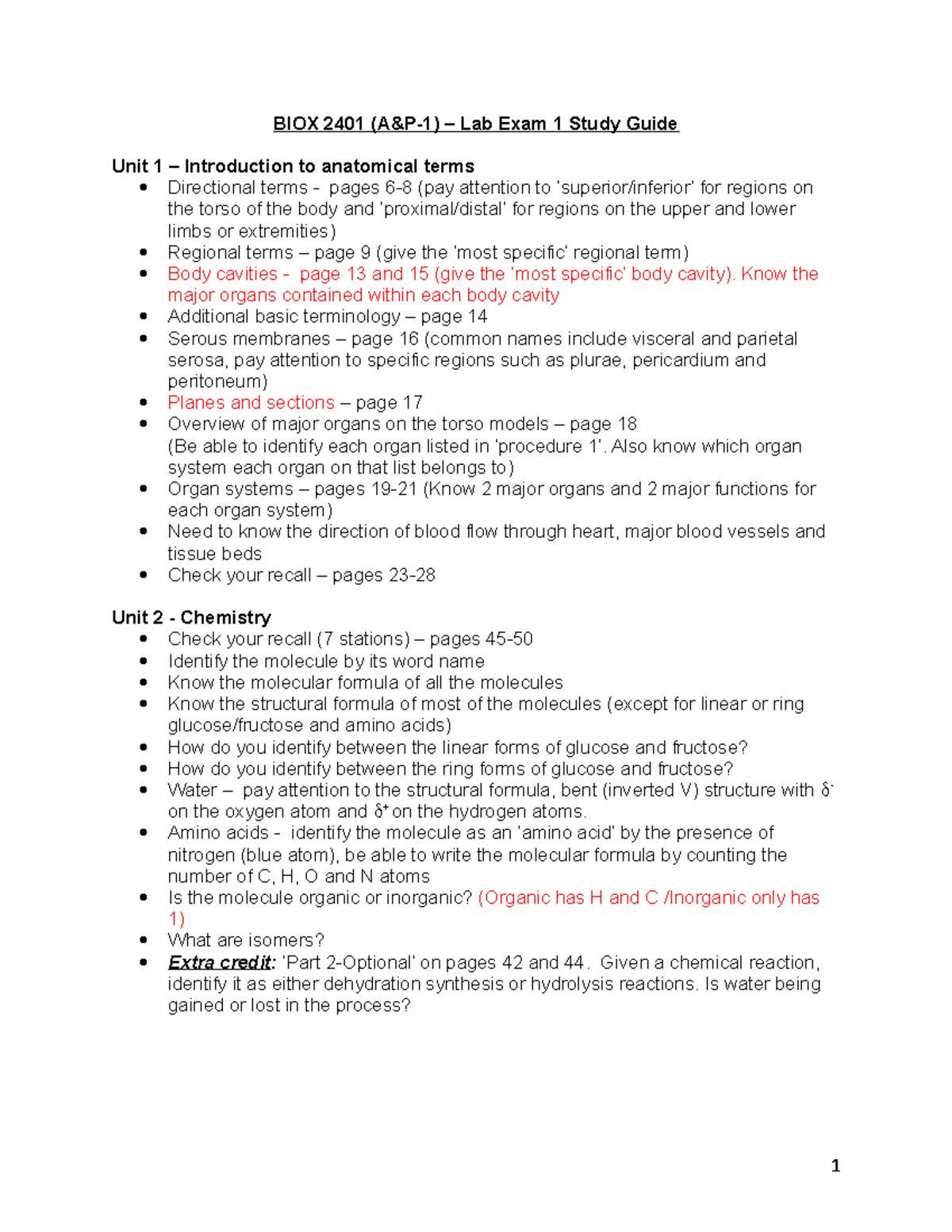 BIOX 2401 - Lab Exam 1 Comprehensive Study Guide - Studocu