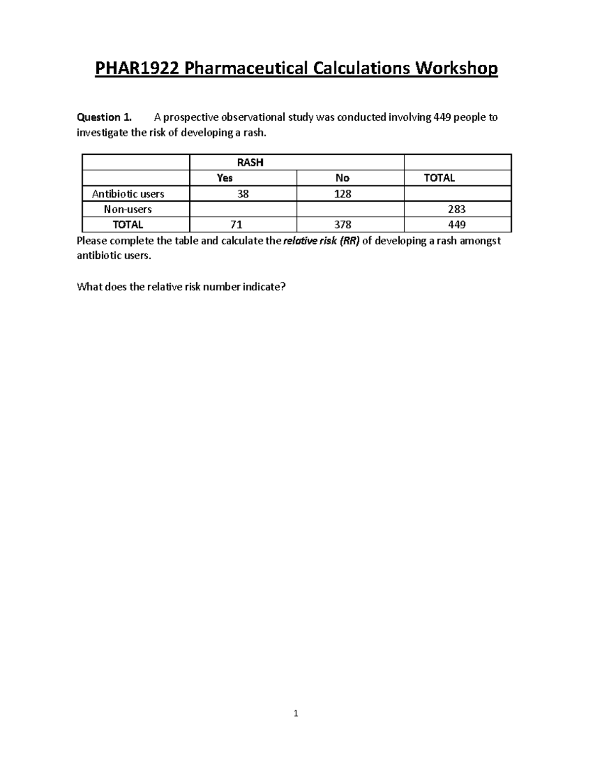 PHAR1922 Pharmaceutical Calculations Workshop: Key Questions ...