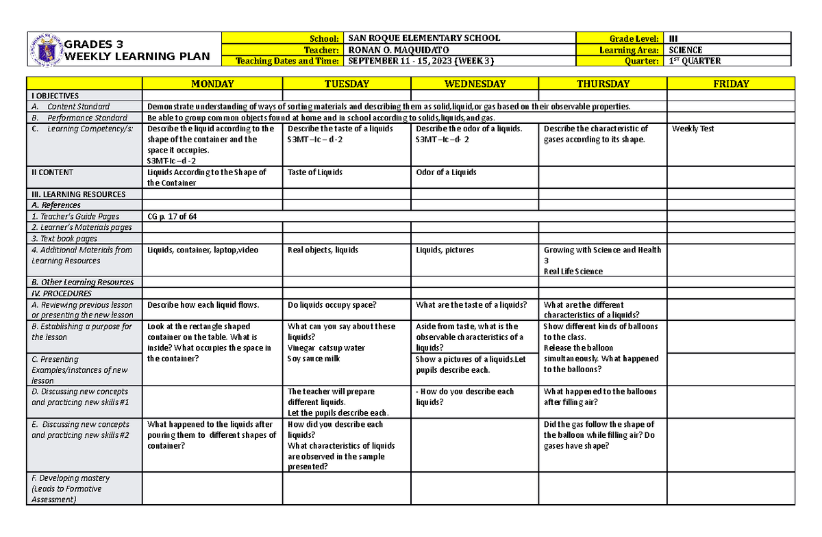 DLL Science 3 Q1 W3 - Weekly Learning Plan for Liquids - Studocu