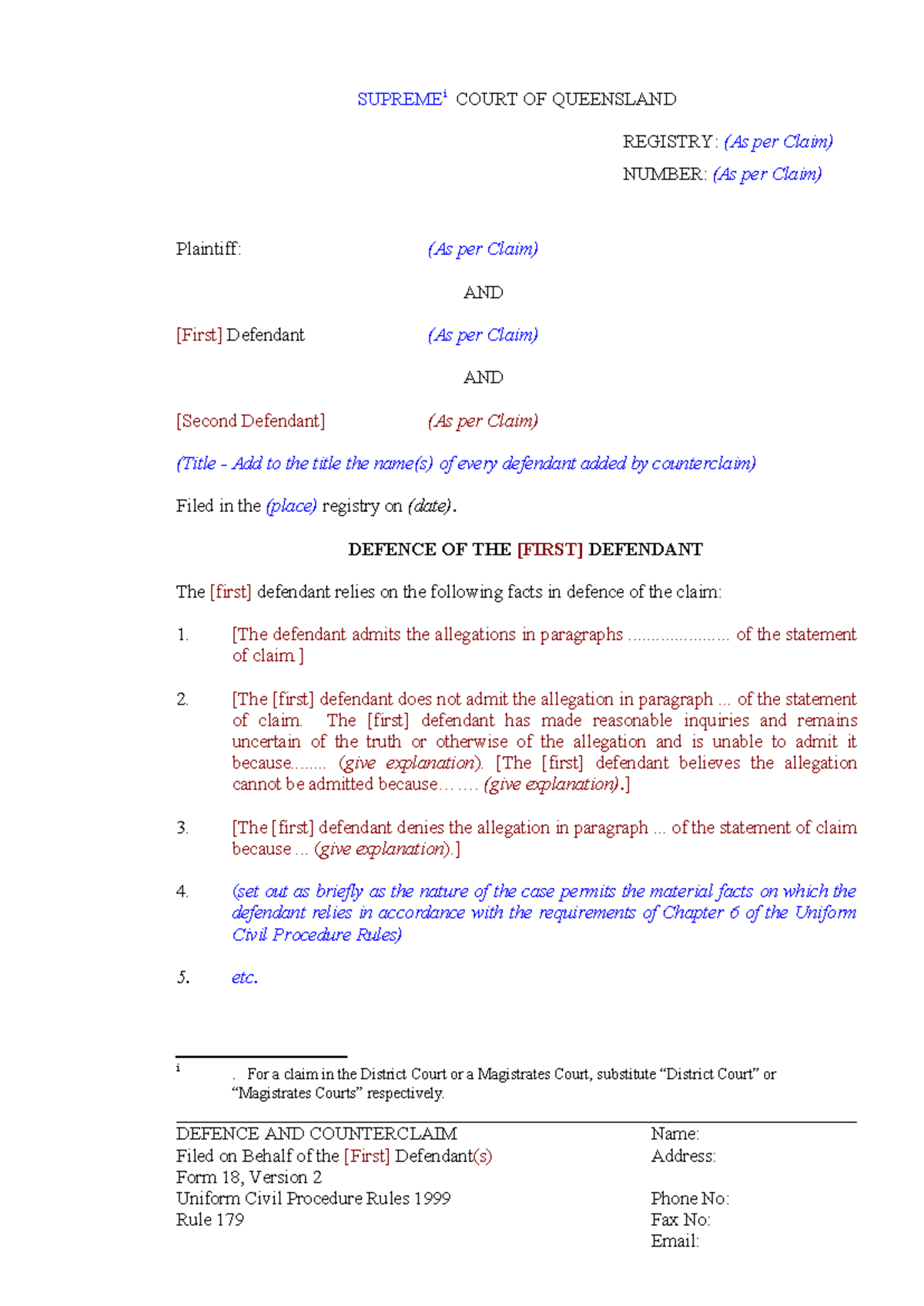 Form 18 Defence and Counterclaim for the First Defendant UCPR - Studocu