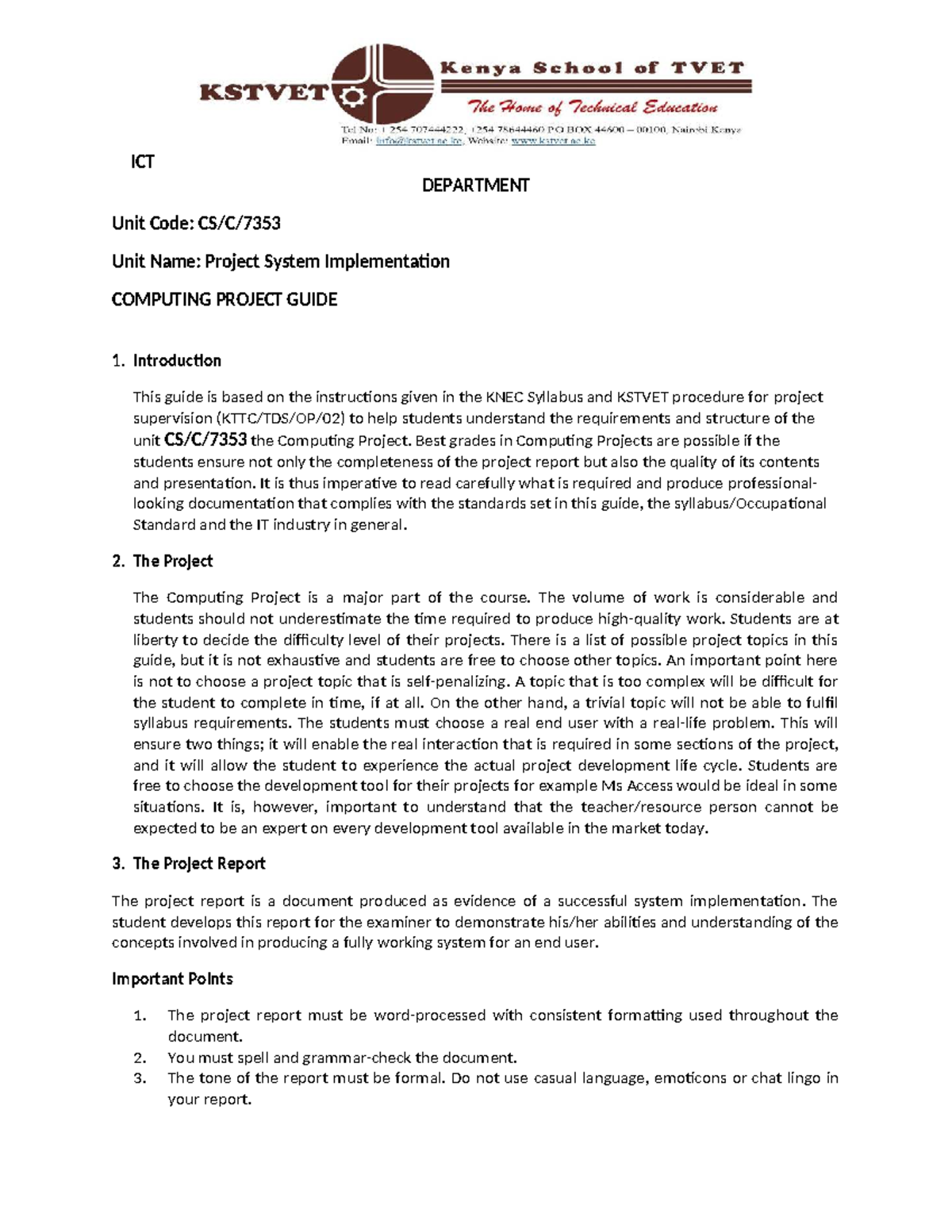 ICT DEPARTMENT: Project System Implementation Guide for Computing ...