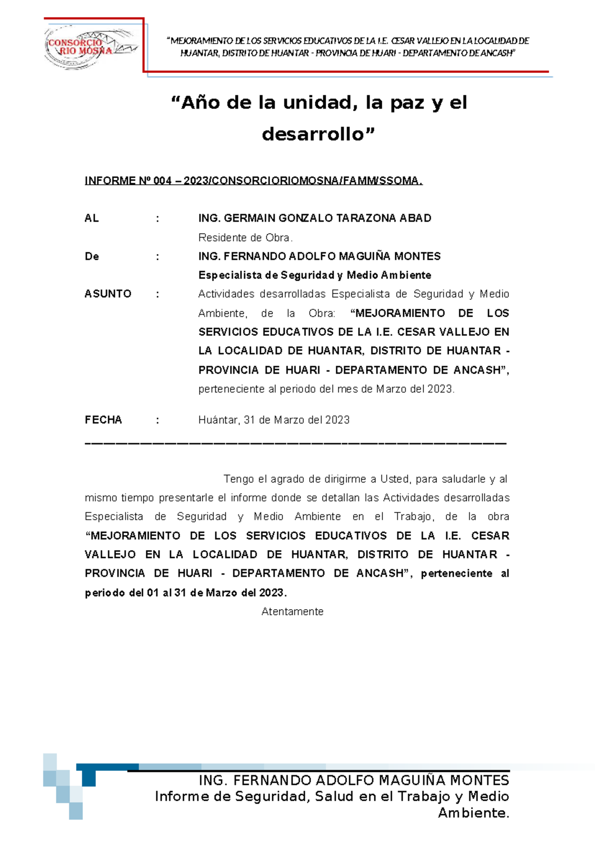 Informe Mensual de Seguridad y Salud en el Trabajo - I.E. César Vallejo ...