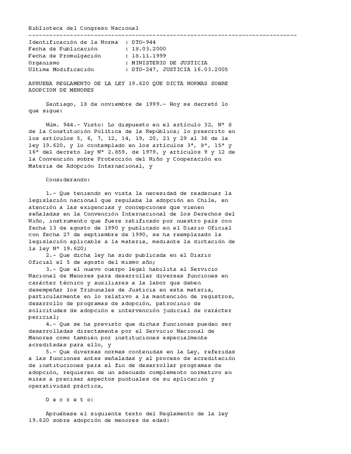 Decreto 944: Reglamento sobre Adopción de Menores (DTO 247, JUSTICIA ...