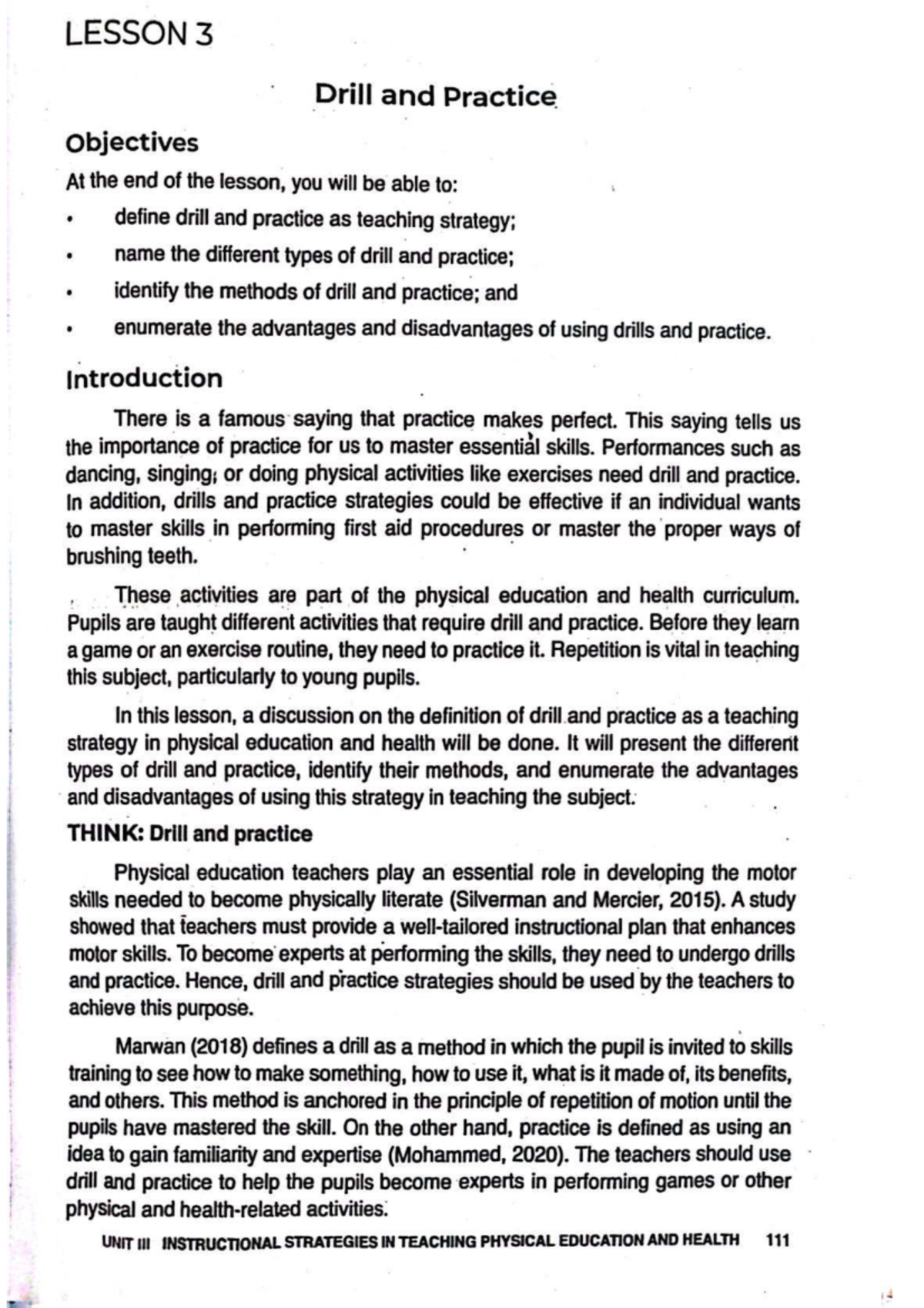 Lesson 3: Drill and Practice in Physical Education and Health - Studocu