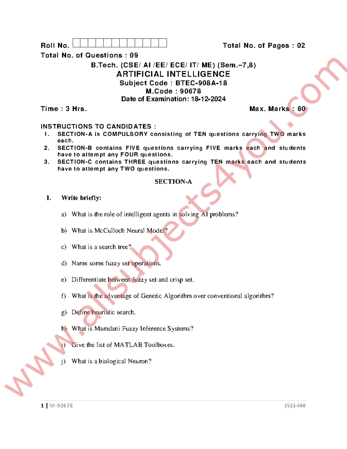B.Tech. AI Midterm Exam Questions (Subject Code: 90678) - Studocu