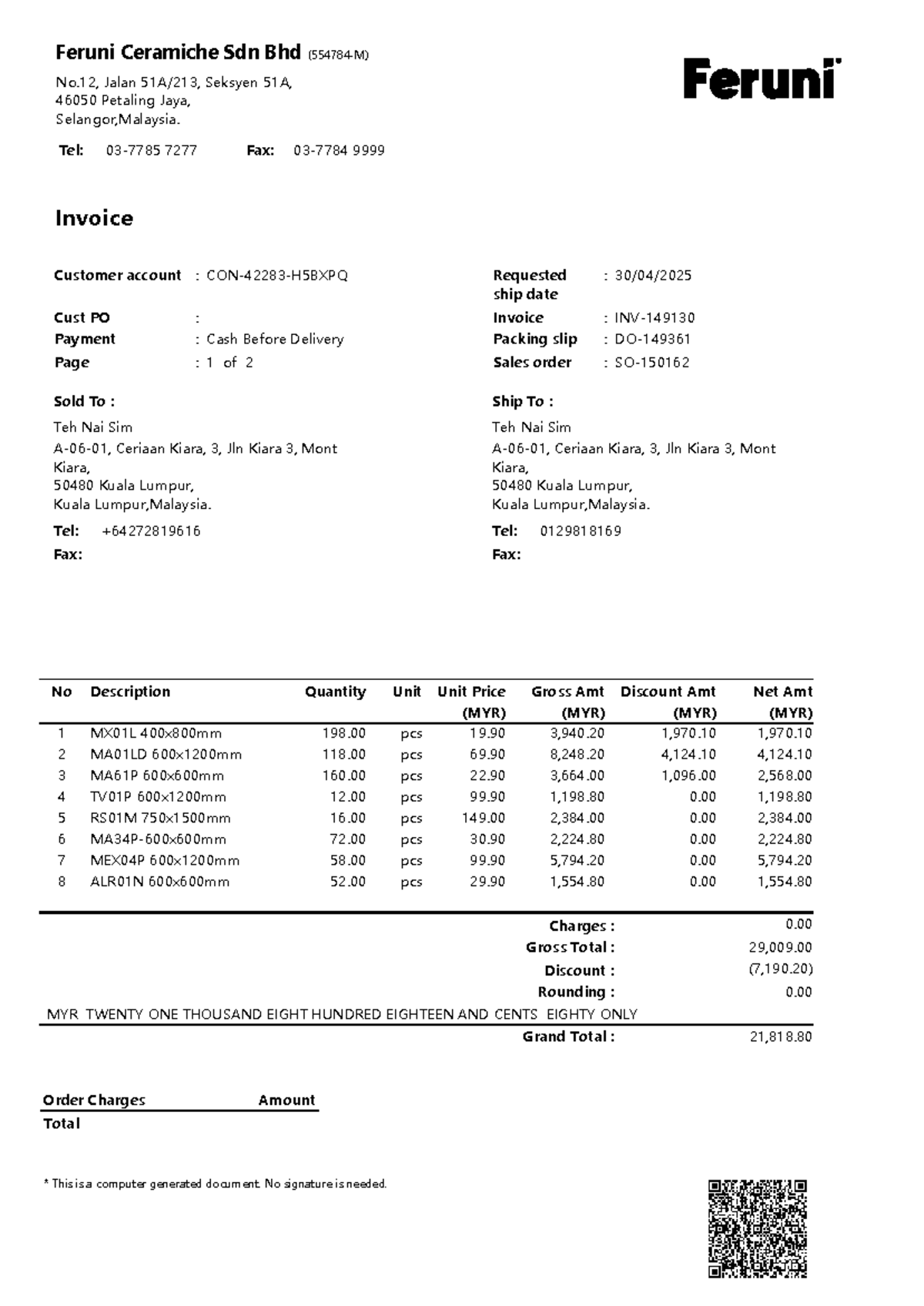 Invoice for Teh Nai Sim - Feruni Ceramiche Sdn Bhd Order Details - Studocu