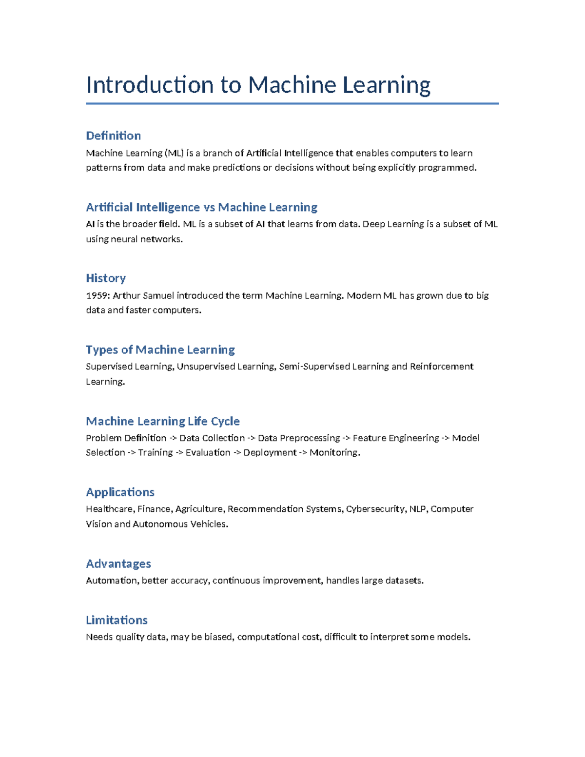 Anna University ML Introduction & Key Concepts Revision Notes - Studocu