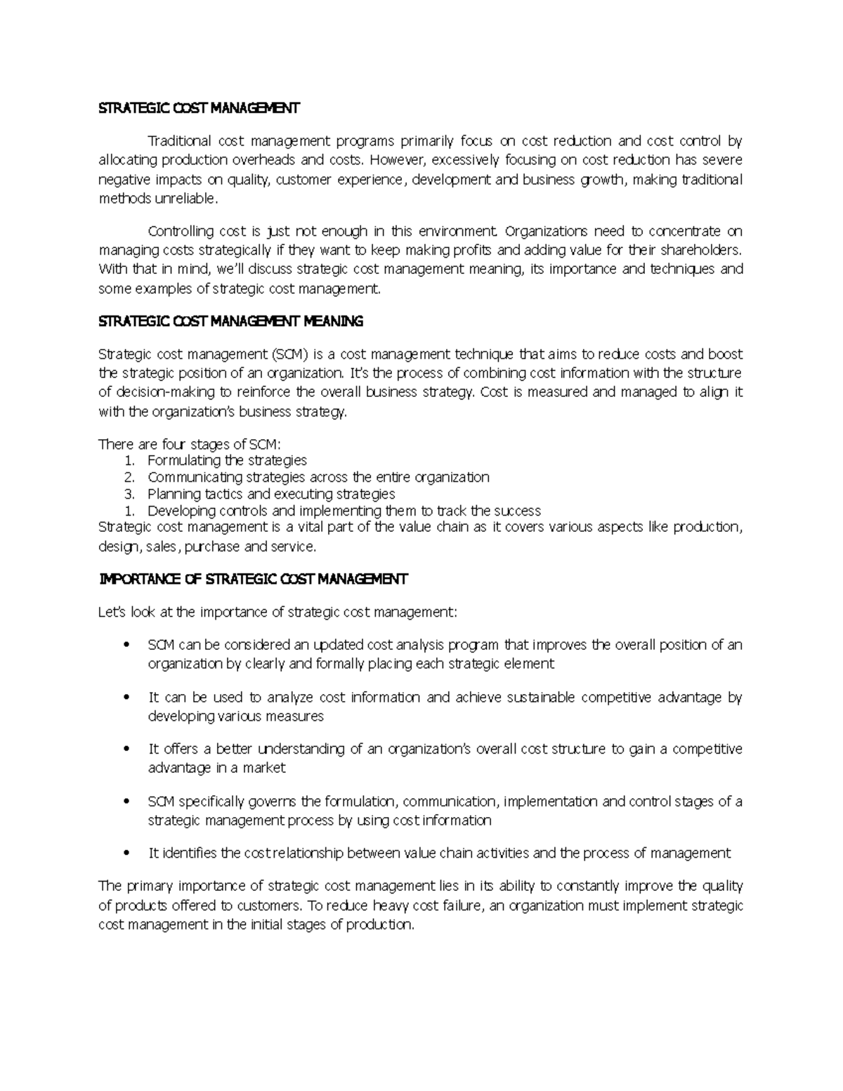 Strategic COST Management Techniques and Importance - Notes - Studocu