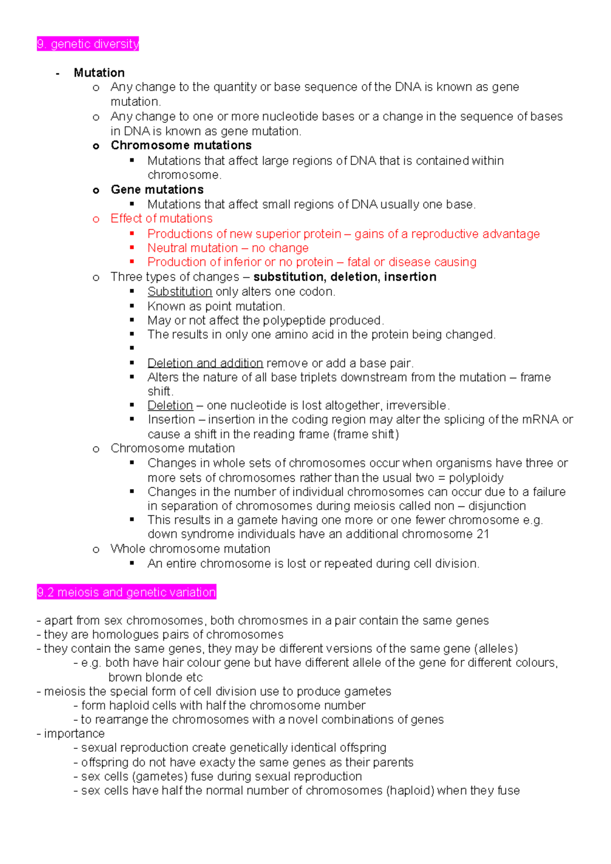 9. Genetic Diversity Revision Notes for A-Level Biology (AQA) - Studocu
