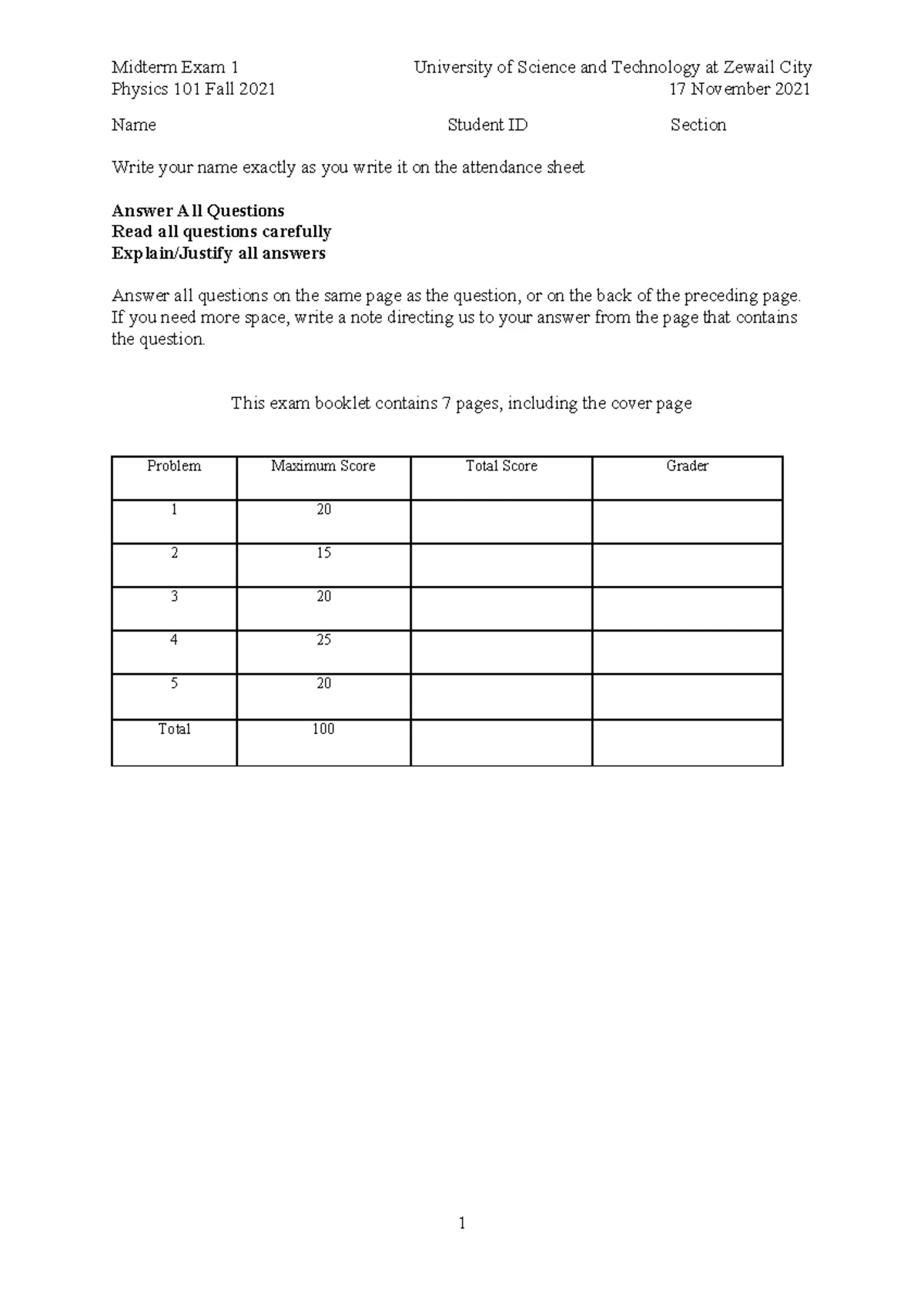 Physics 101 Exam 1 Fall 2019 Model Answers and Solutions - Studocu