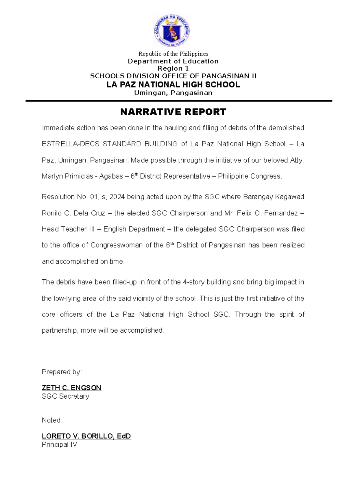 Narrative Report - Republic of the Philippines Department of Education ...