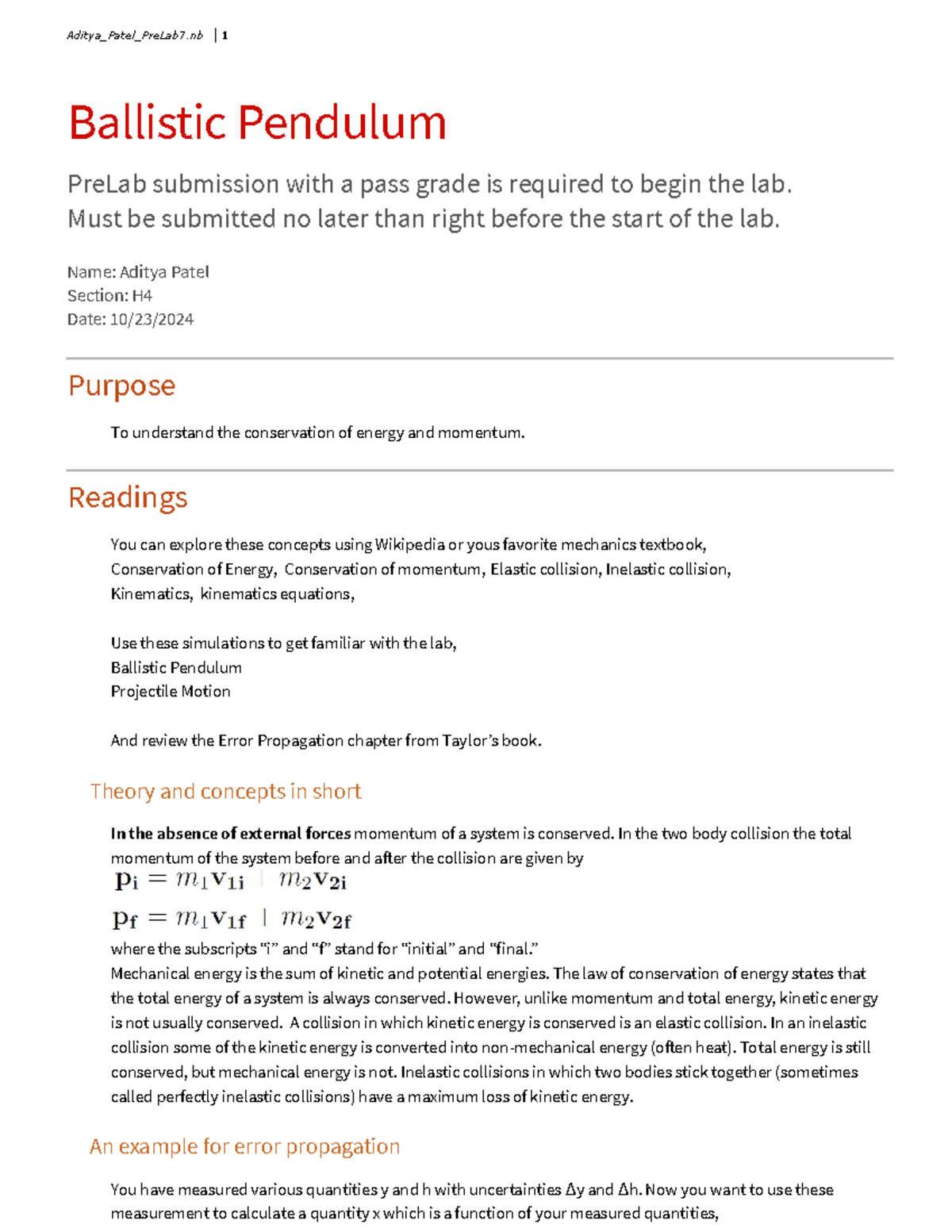 PreLab 7 - Understanding the Ballistic Pendulum Concepts - Studocu
