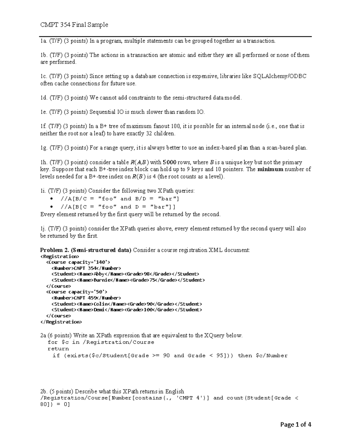 CMPT 354 Final Exam Sample Questions and Solutions - Studocu