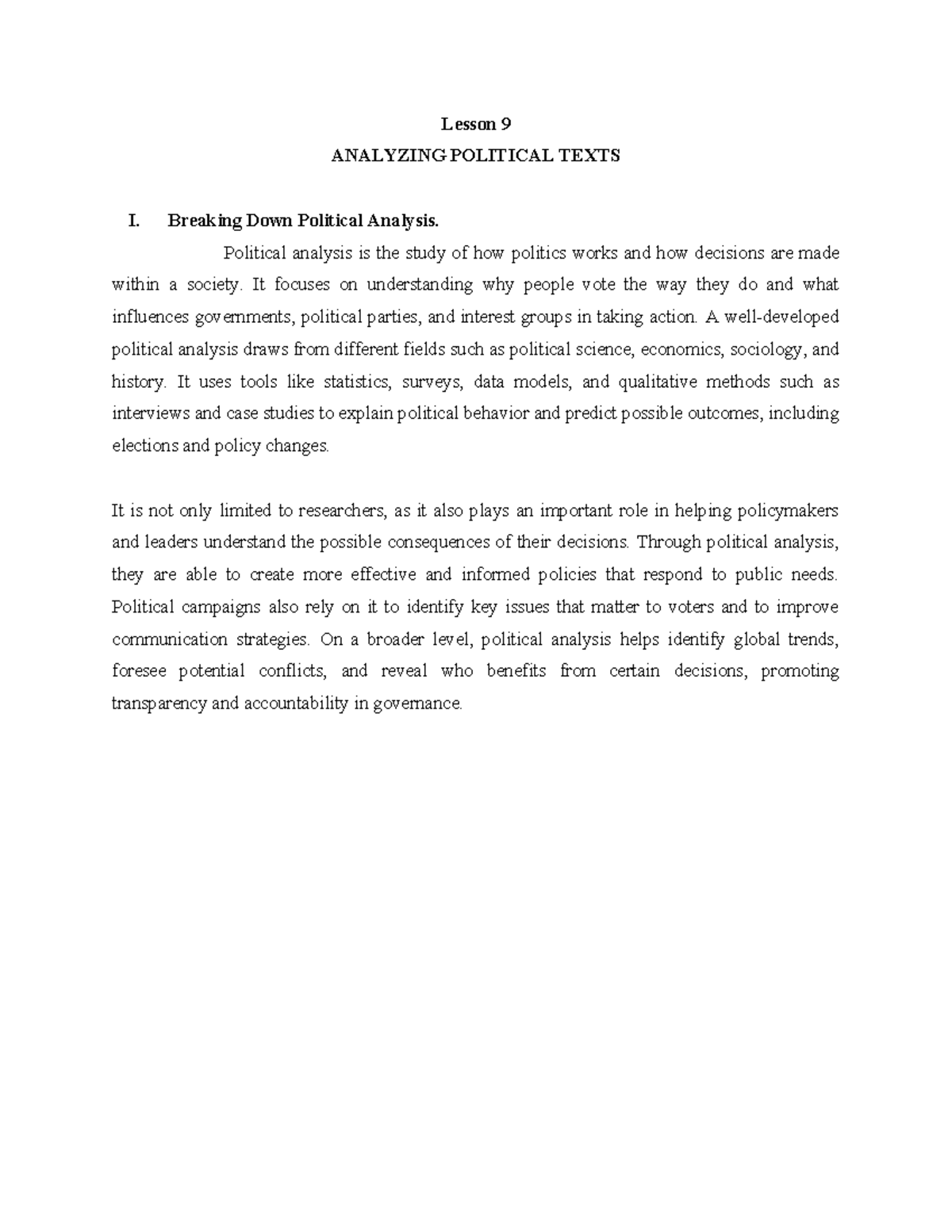 Lesson 9: Analyzing Political Texts - Understanding Political Analysis ...