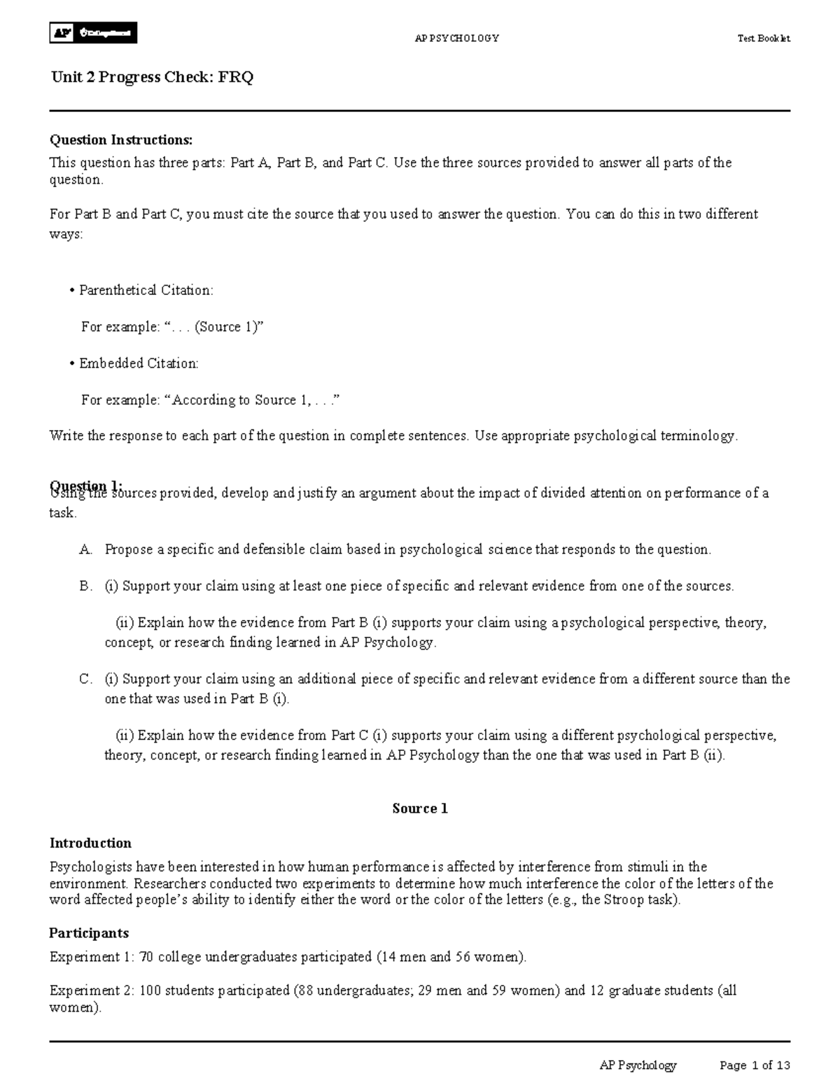 Unit 2 FRQ Mini Project: Impact of Attention on Task Performance - Studocu