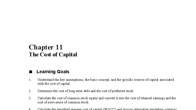 Chapter 11: The Cost of Capital - Key Concepts and Calculations - Studocu