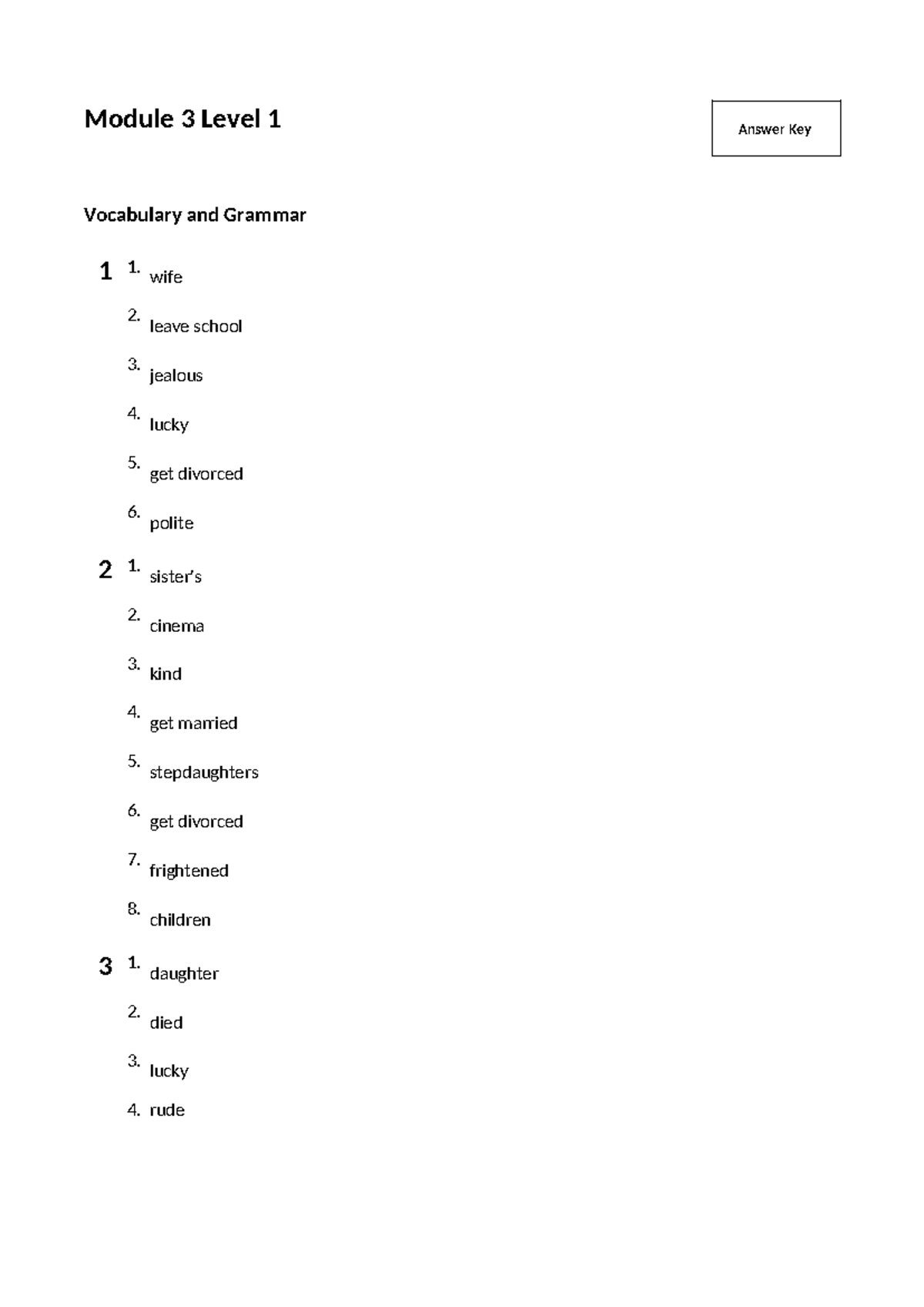 Module 3 Level 1 Vocabulary & Grammar Practice Solutions - Studocu