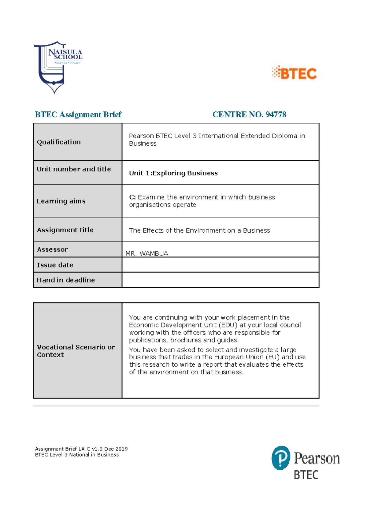 Unit 1 C: The Effects of the Environment on Business - Assignment ...