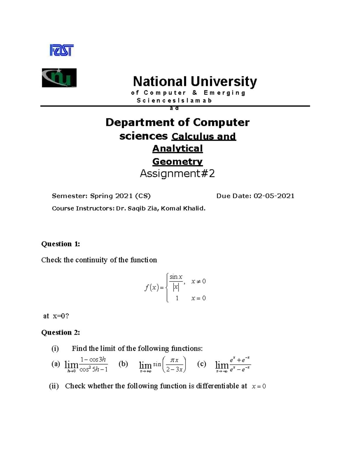 CS Calculus & Analytical Geometry Assignment #1 - Spring 2021 - Studocu