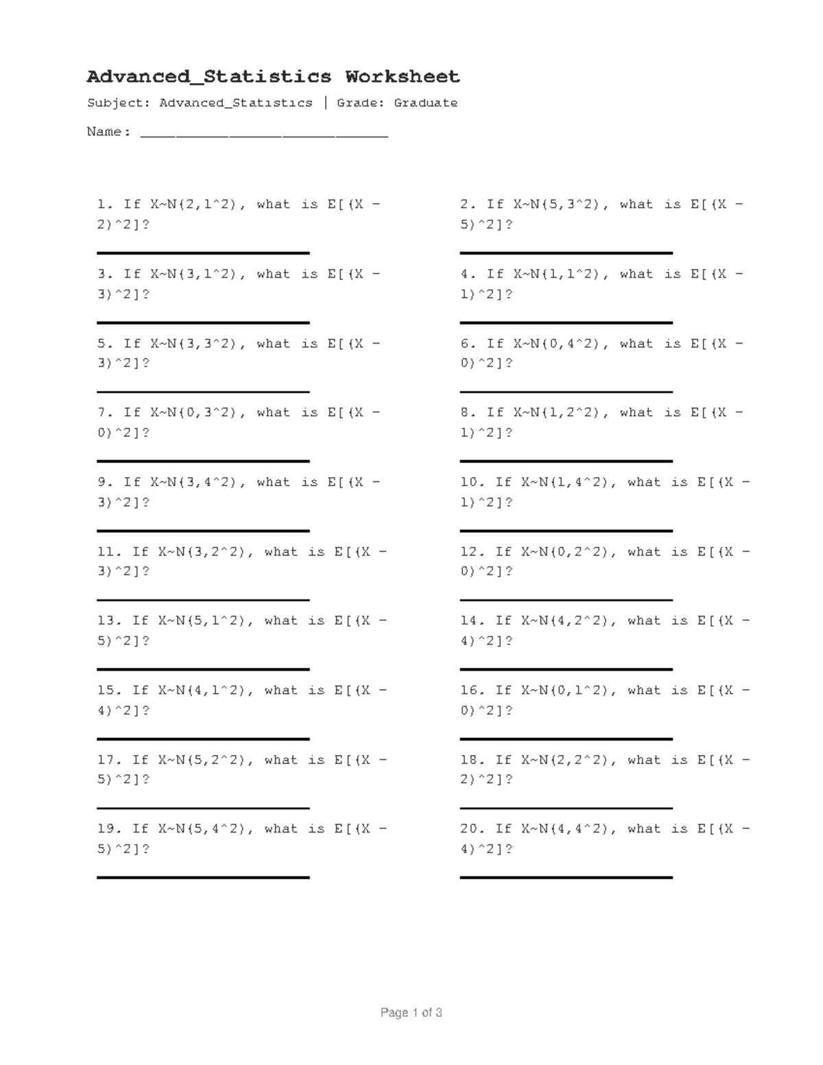 Advanced_Statistics Graduate Worksheet 1: Questions & Answers - Studocu