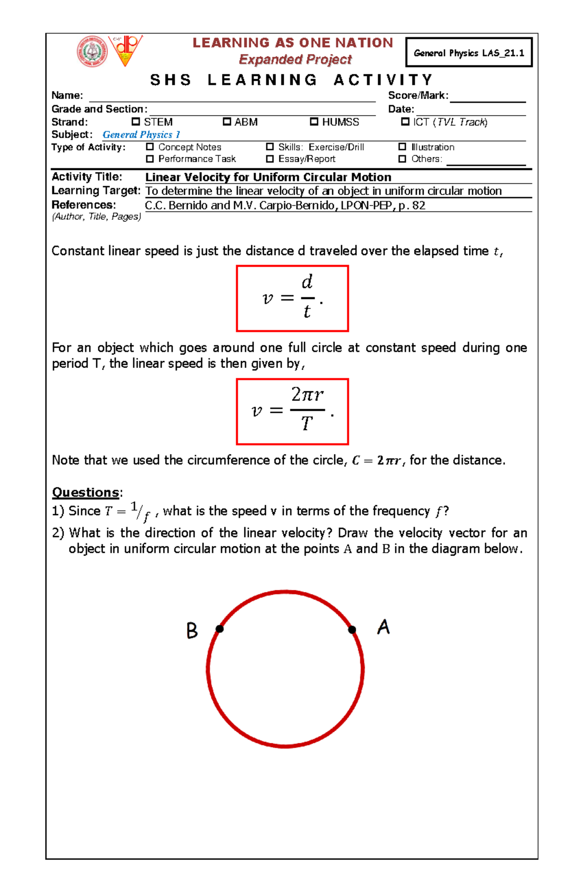 Gen Physics 1 LAS 21.1 Linear Velocity for Uniform Circular Motion ...
