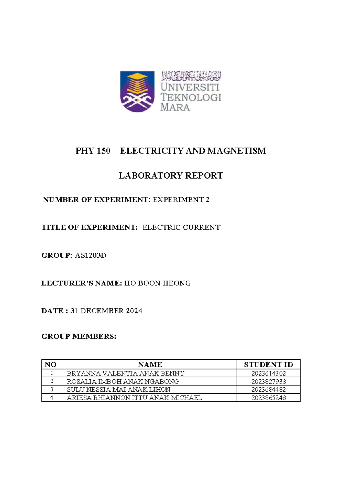 LAB Report on Electric Current - Experiment 2 (PHY 150) - Studocu