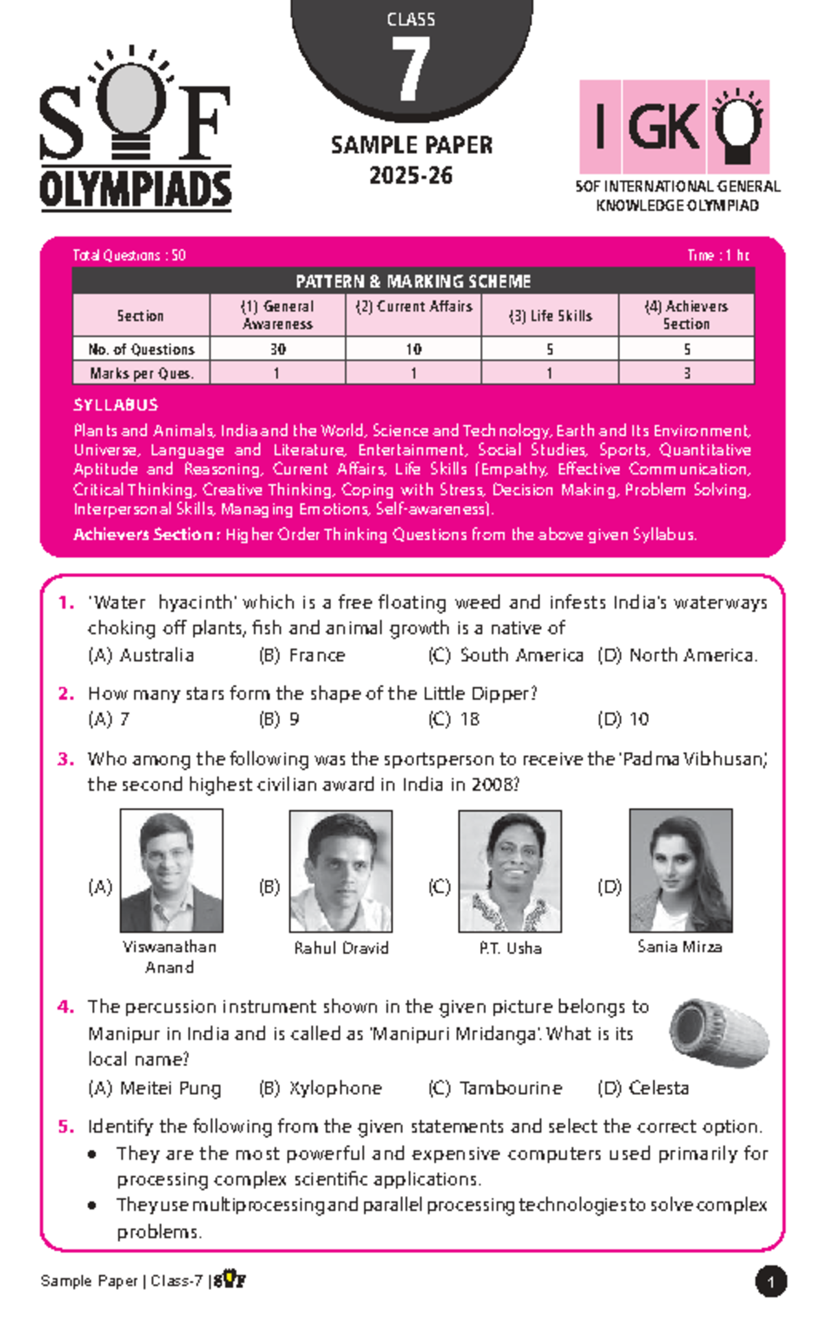 CLASS 7 IGKO Sample Paper 2025-26: General Knowledge Test - Studocu