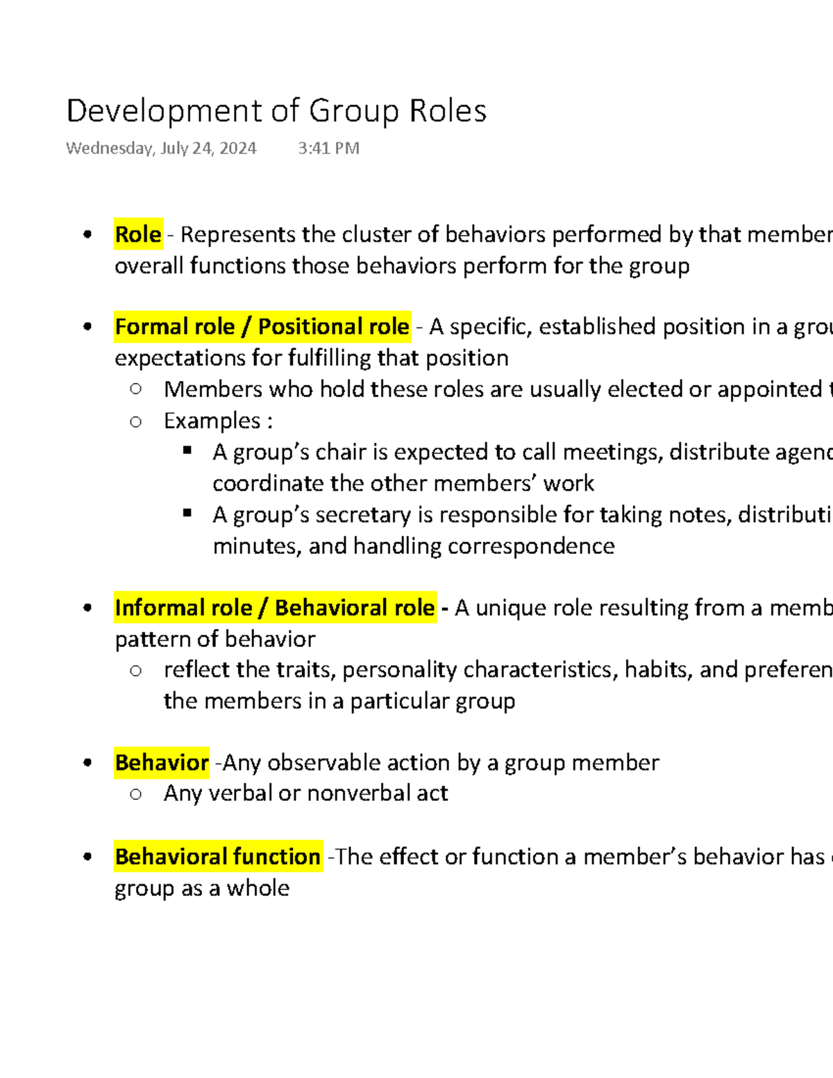 Module 4: Development of Group Roles and Their Functions - Studocu