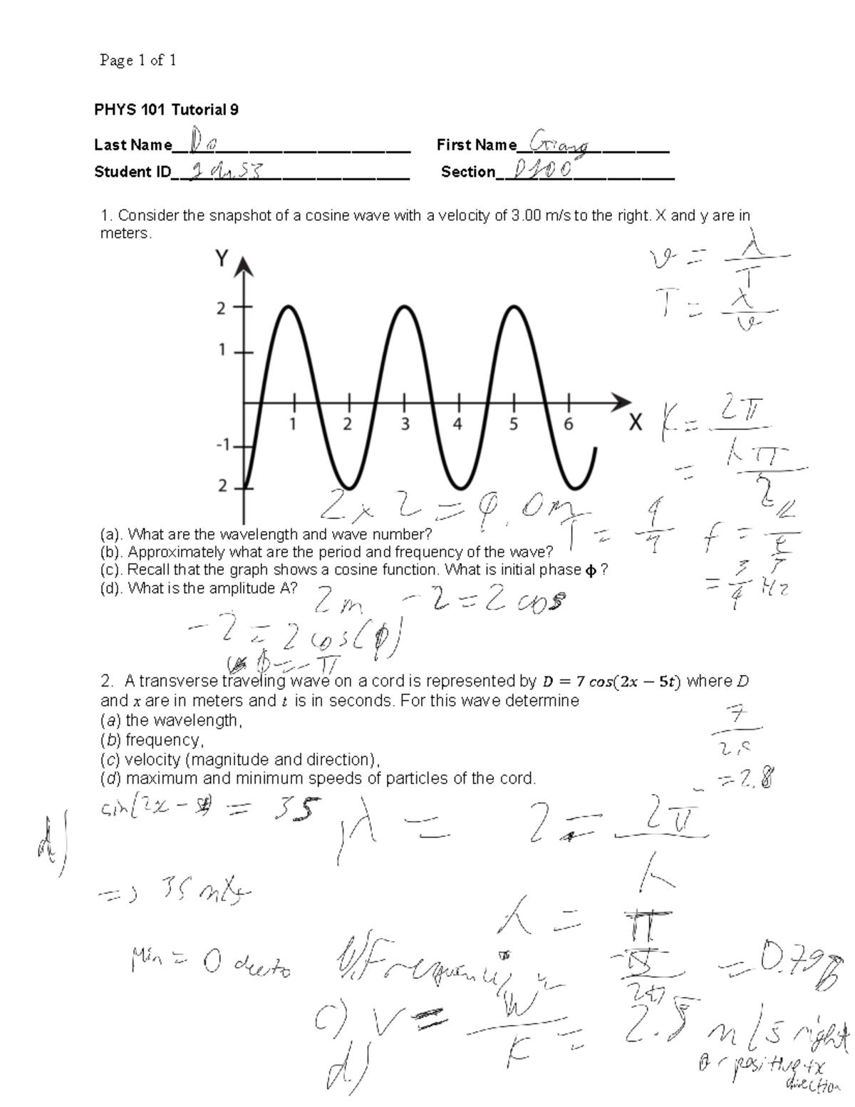 PHYS 101 Tutorial 9: Exploring Waves and Cosine Functions - Studocu