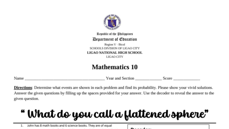 Math 10 Activity Sheet: Probability Problems and Solutions - Studocu